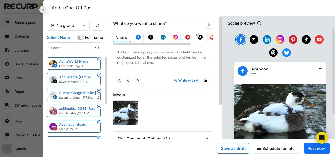 Editor do RecurPost com um post avulso e pré-visualização do Facebook