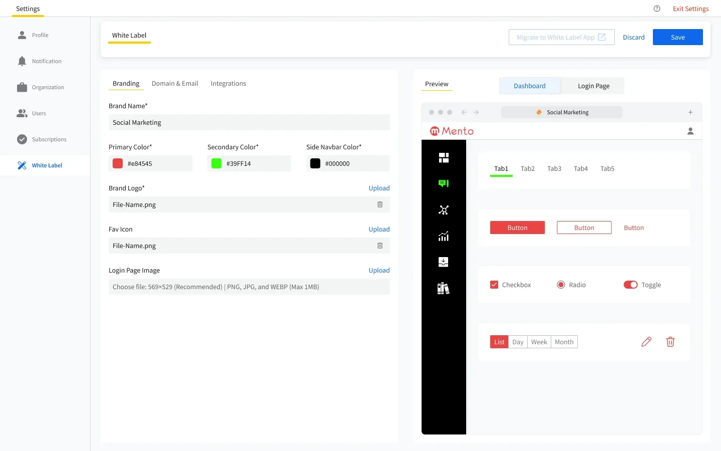Configurações de white label do SocialPilot para a marca e a página de login do cliente