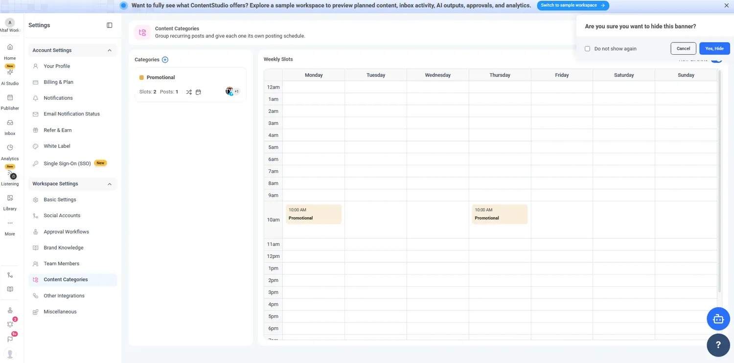Configurações de espaço de trabalho do ContentStudio com categorias de conteúdo