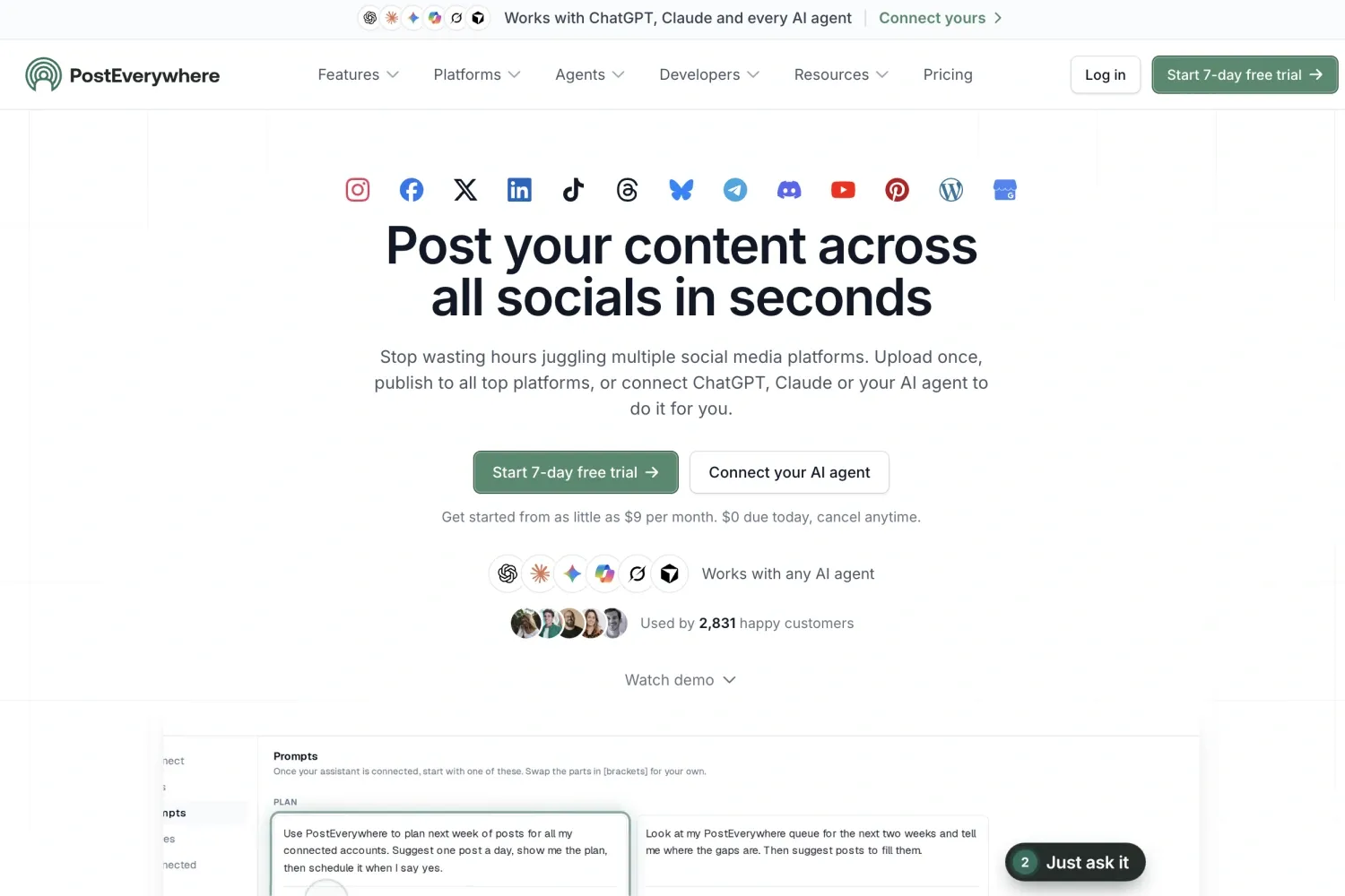PostEverywhere scheduler homepage with supported platforms and AI agent connection