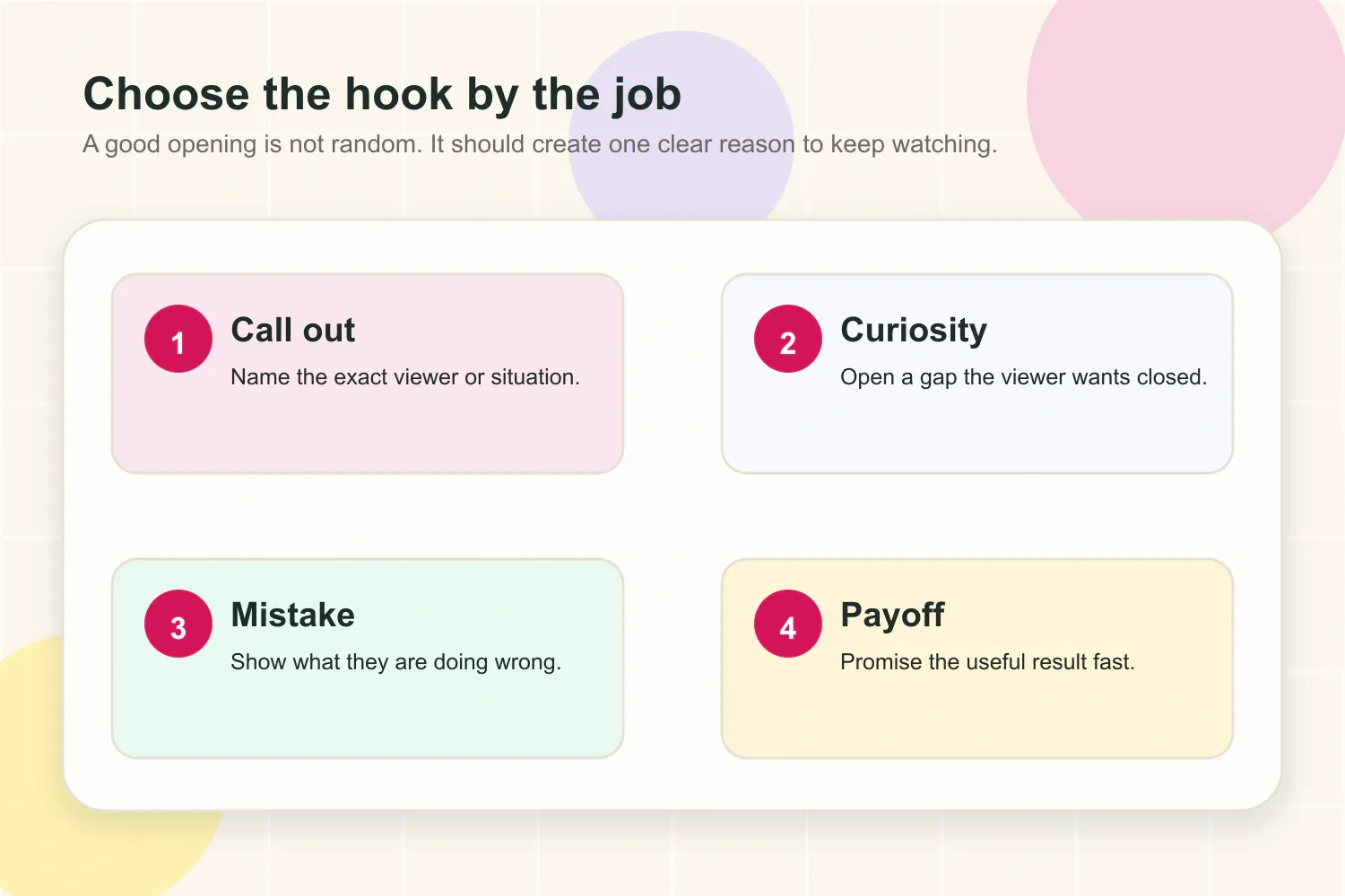 Four Instagram Reel hook jobs: call out, curiosity, mistake, and payoff