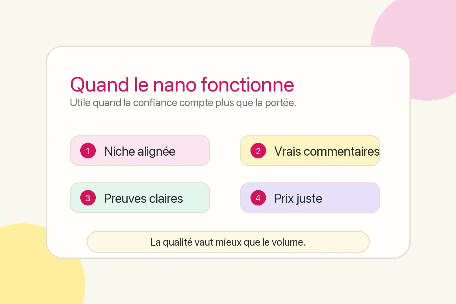 Checklist d’adéquation nano-influenceur montrant niche, vrais commentaires, preuve claire et prix juste