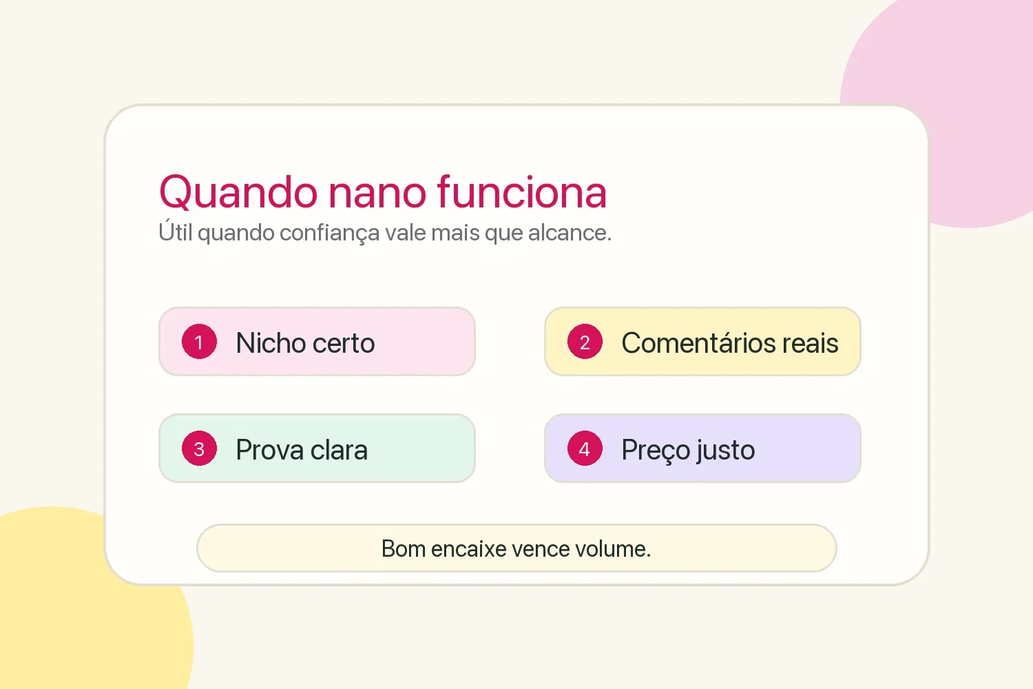 Checklist de encaixe de nano influenciador mostrando nicho, comentários reais, prova clara e preço justo