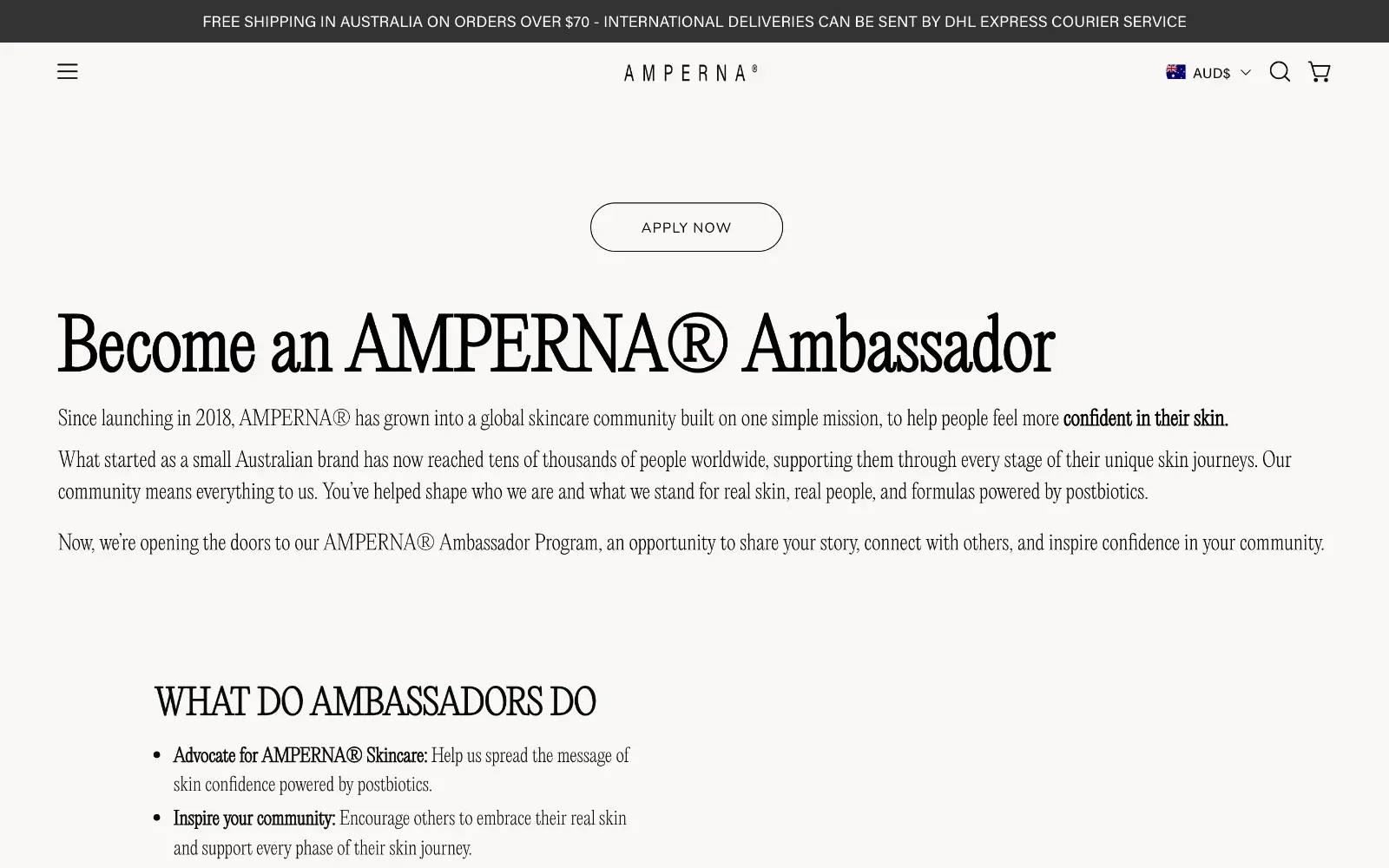 Page ambassadeur AMPERNA avec le bouton Apply Now