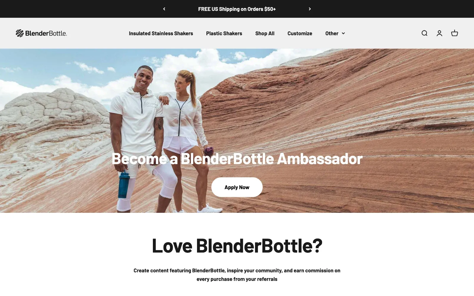 Page Become a BlenderBottle Ambassador avec le bouton Apply Now