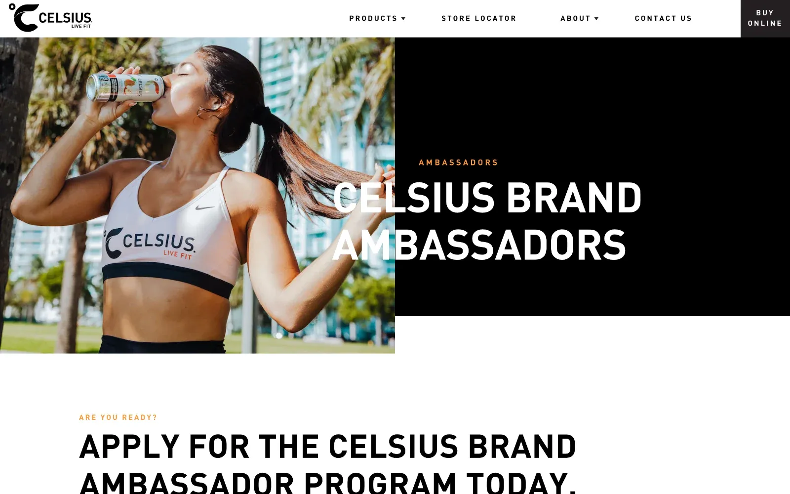 Page Celsius Brand Ambassadors avec le titre Apply Now