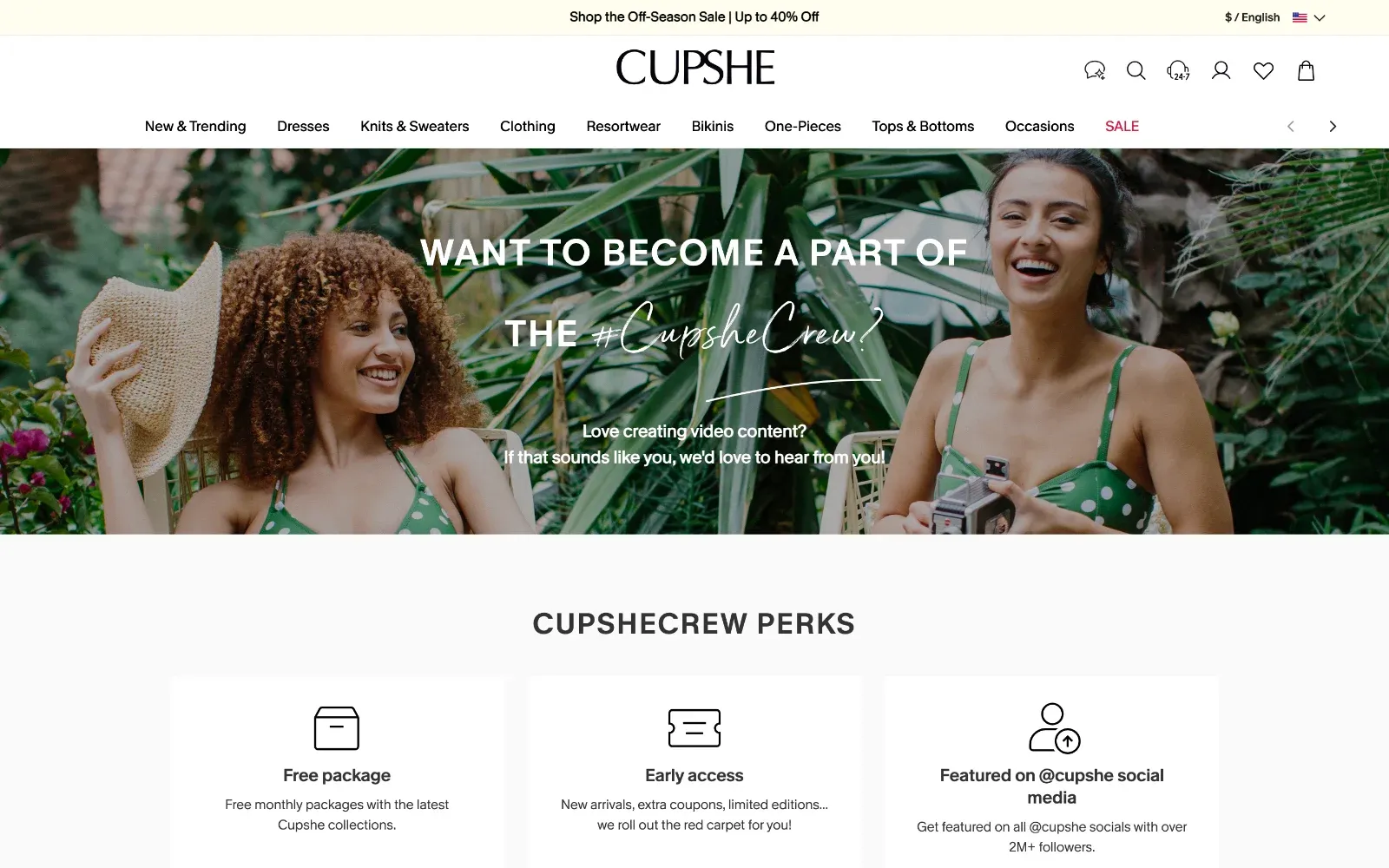 Page ambassadeur Cupshe invitant les créateurs à rejoindre le #CupsheCrew