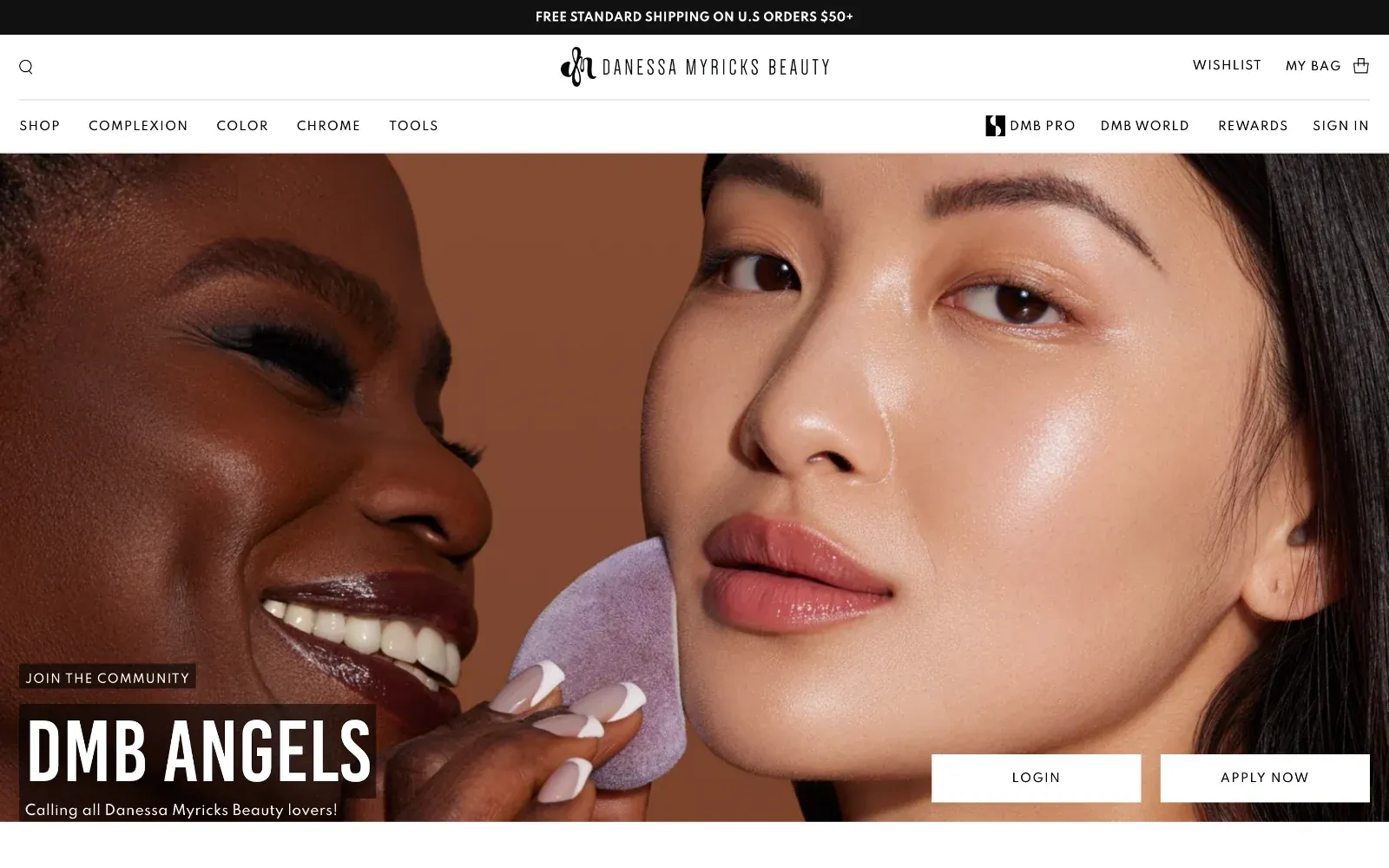 Page DMB Angels de Danessa Myricks Beauty avec les boutons Apply Now et Login
