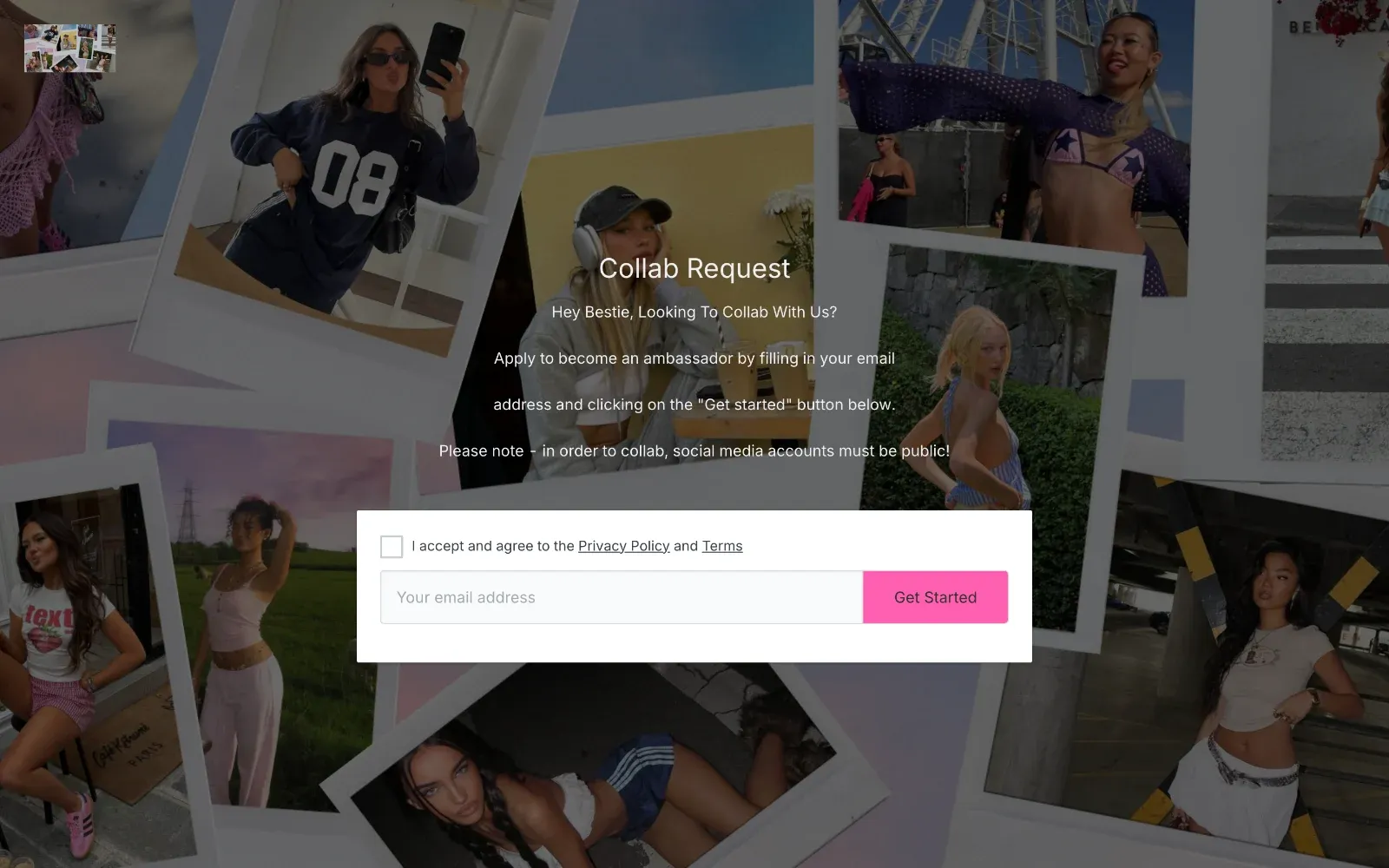 Page de demande de collaboration Edikted avec un champ e-mail pour postuler comme ambassadeur
