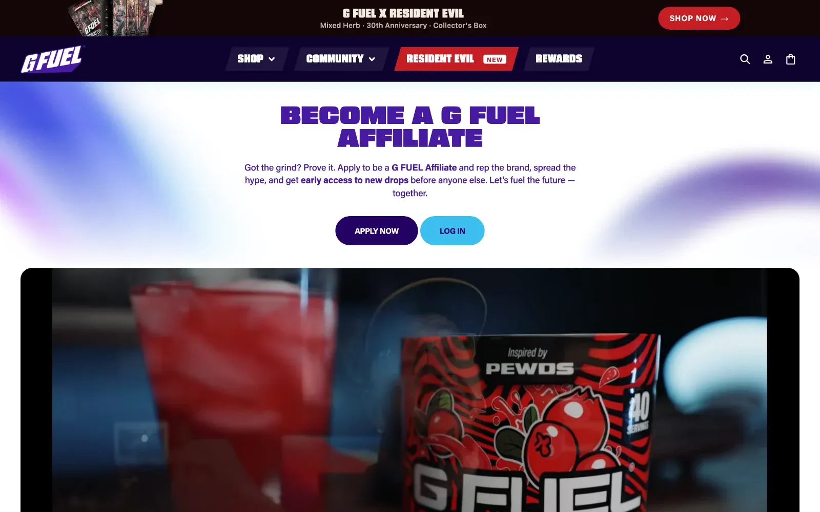 Page Become a G FUEL Affiliate avec le bouton Apply Now