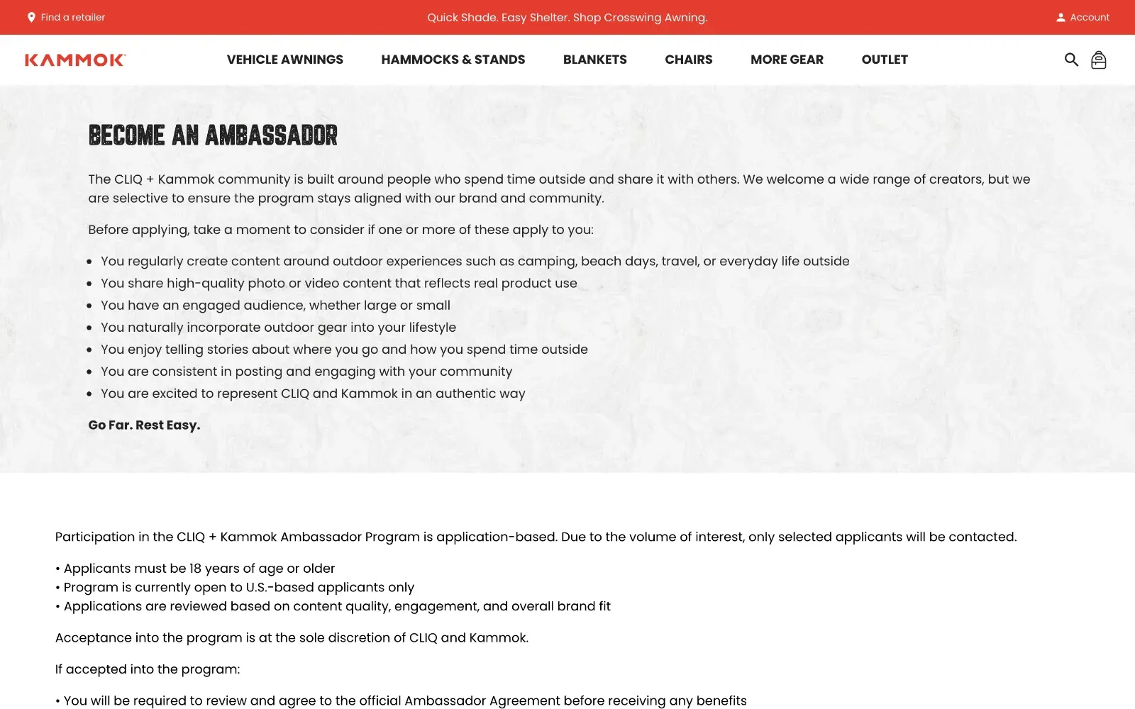 Page Become an Ambassador de Kammok indiquant le profil recherché
