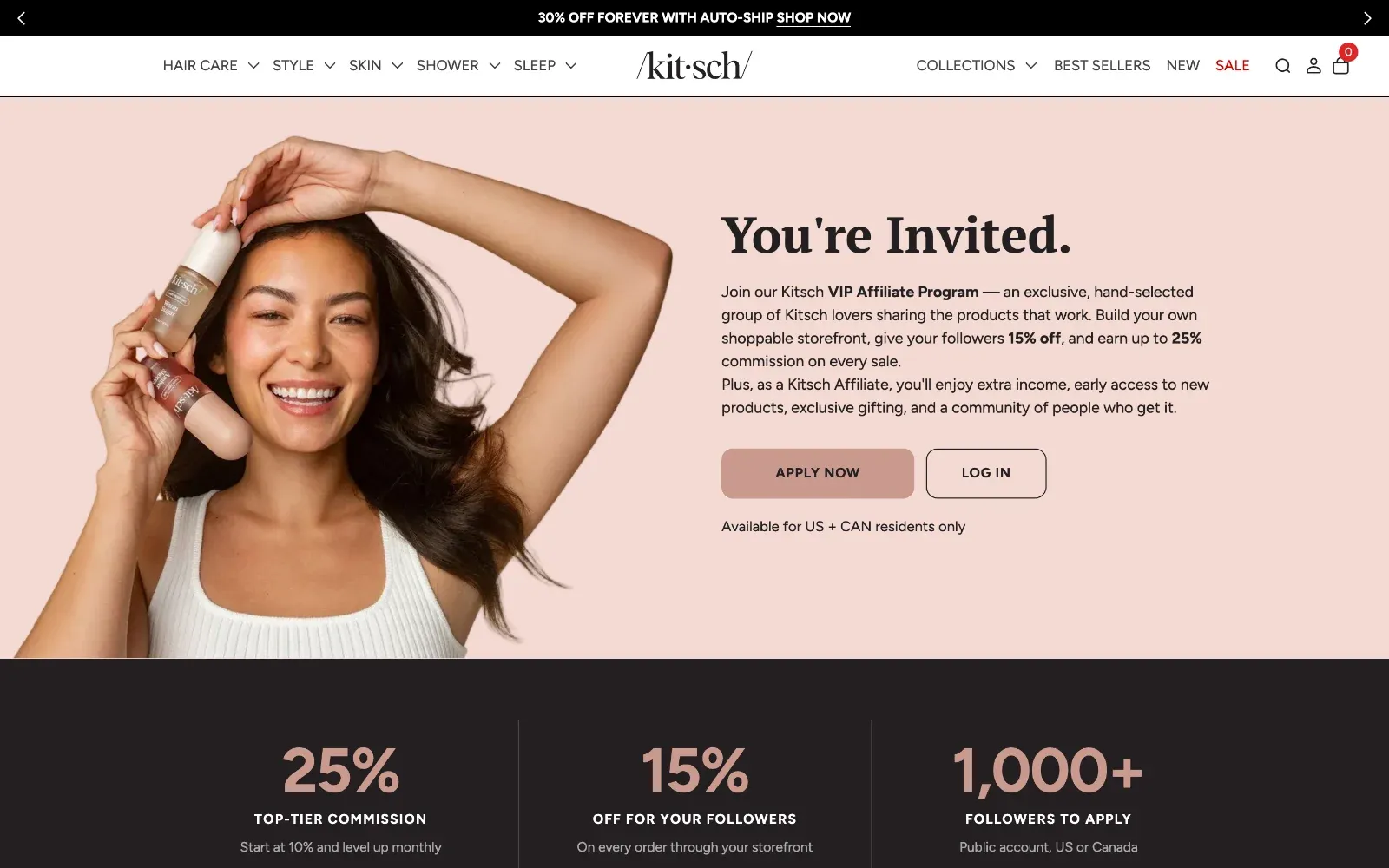Page du programme VIP Affiliate de Kitsch indiquant 25 % de commission au palier maximum, 15 % de réduction pour les abonnés et 1 000+ abonnés pour postuler