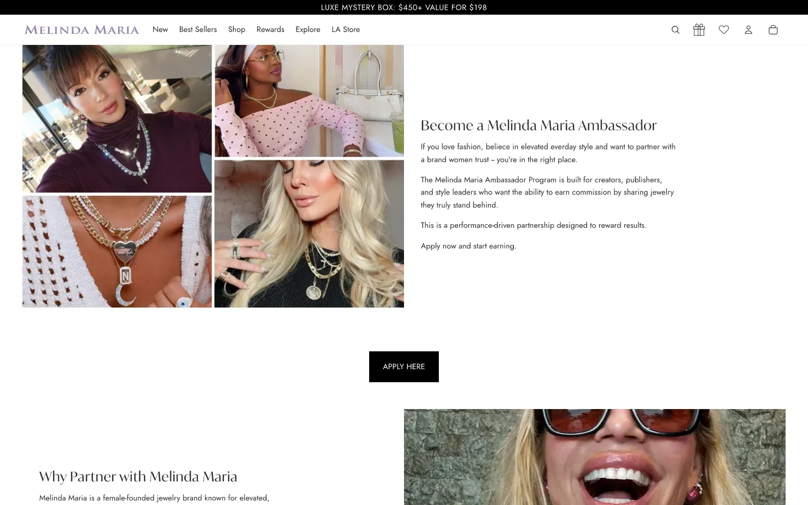 Page du programme ambassadeur Melinda Maria avec le bouton Apply Here
