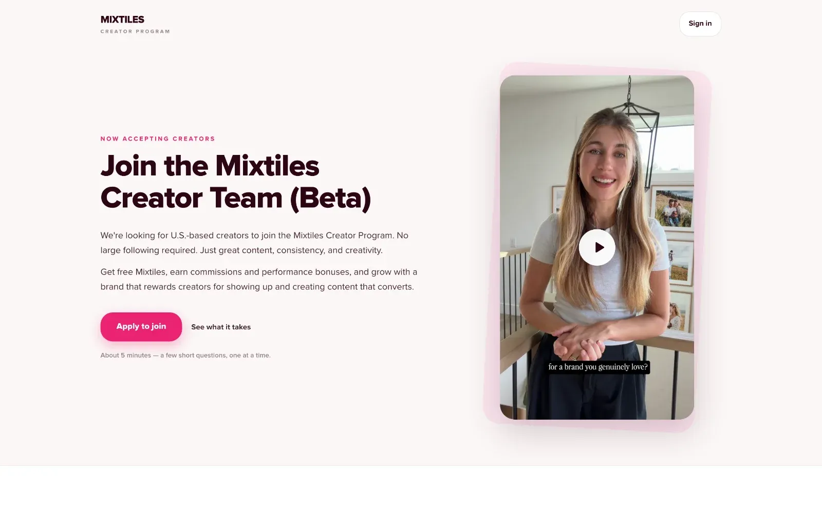 Page Mixtiles Creator Team avec le bouton Apply to Join