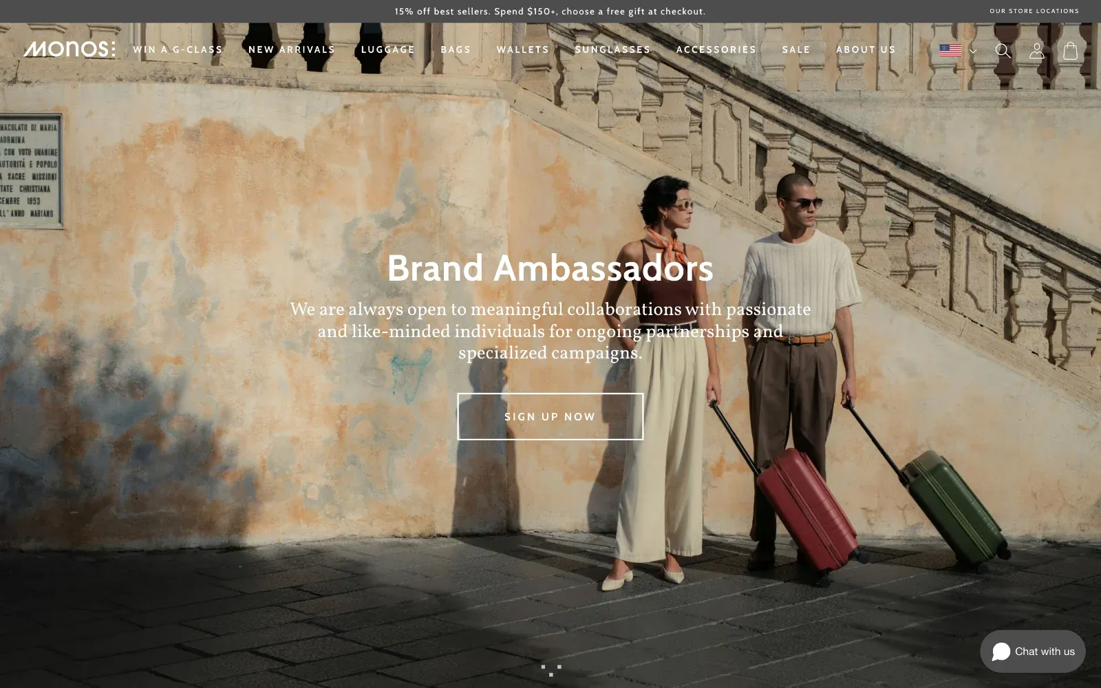 Page Brand Ambassadors de Monos avec une photo de voyage et la présentation du programme