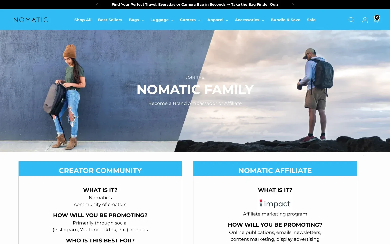 Page Join the Nomatic Family avec les options communauté de créateurs et affiliation