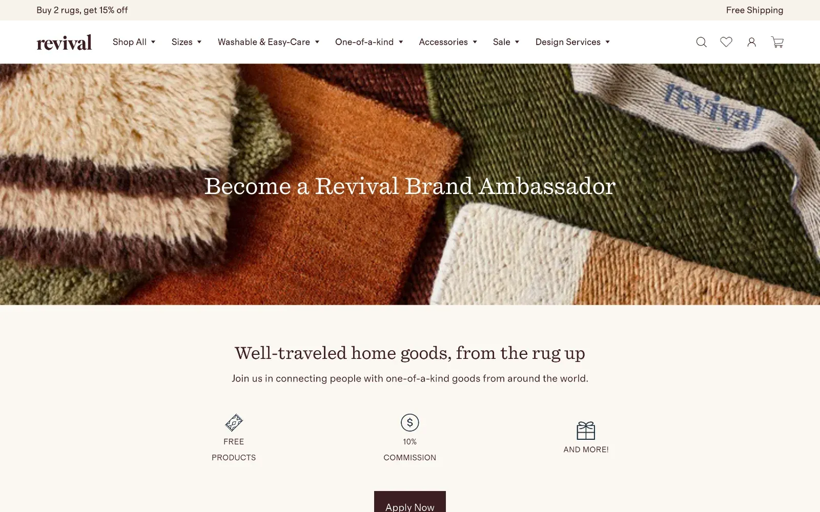 Page Become a Revival Brand Ambassador de Revival Rugs indiquant produits offerts et 10 % de commission