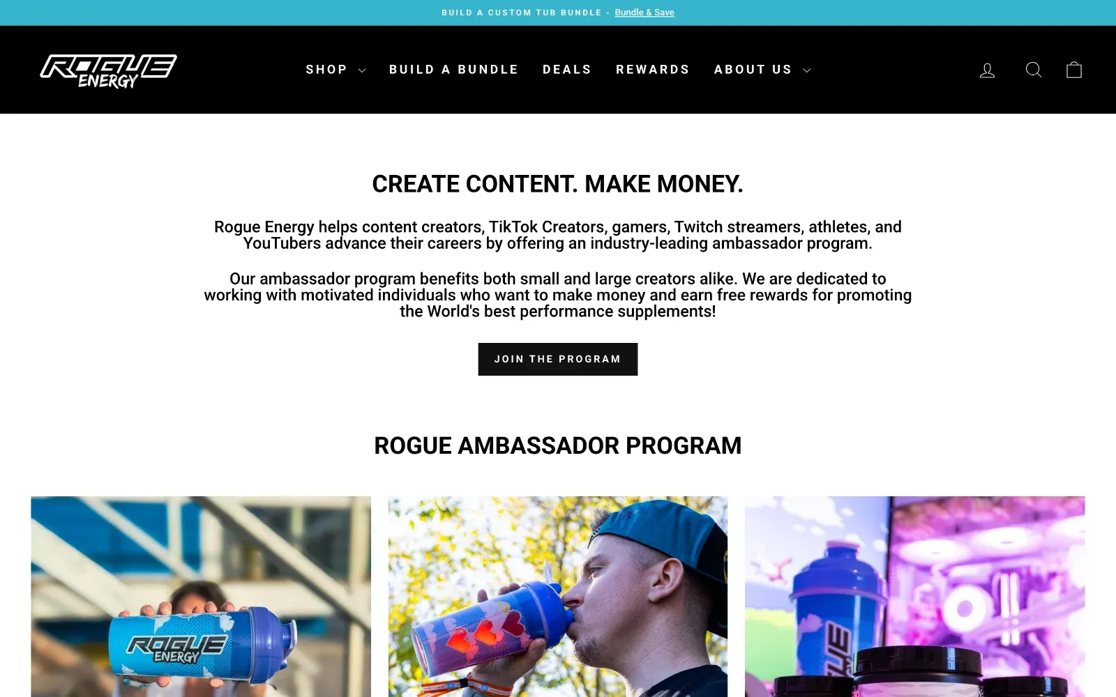 Page du programme créateurs Rogue Energy avec le bouton Join the Program