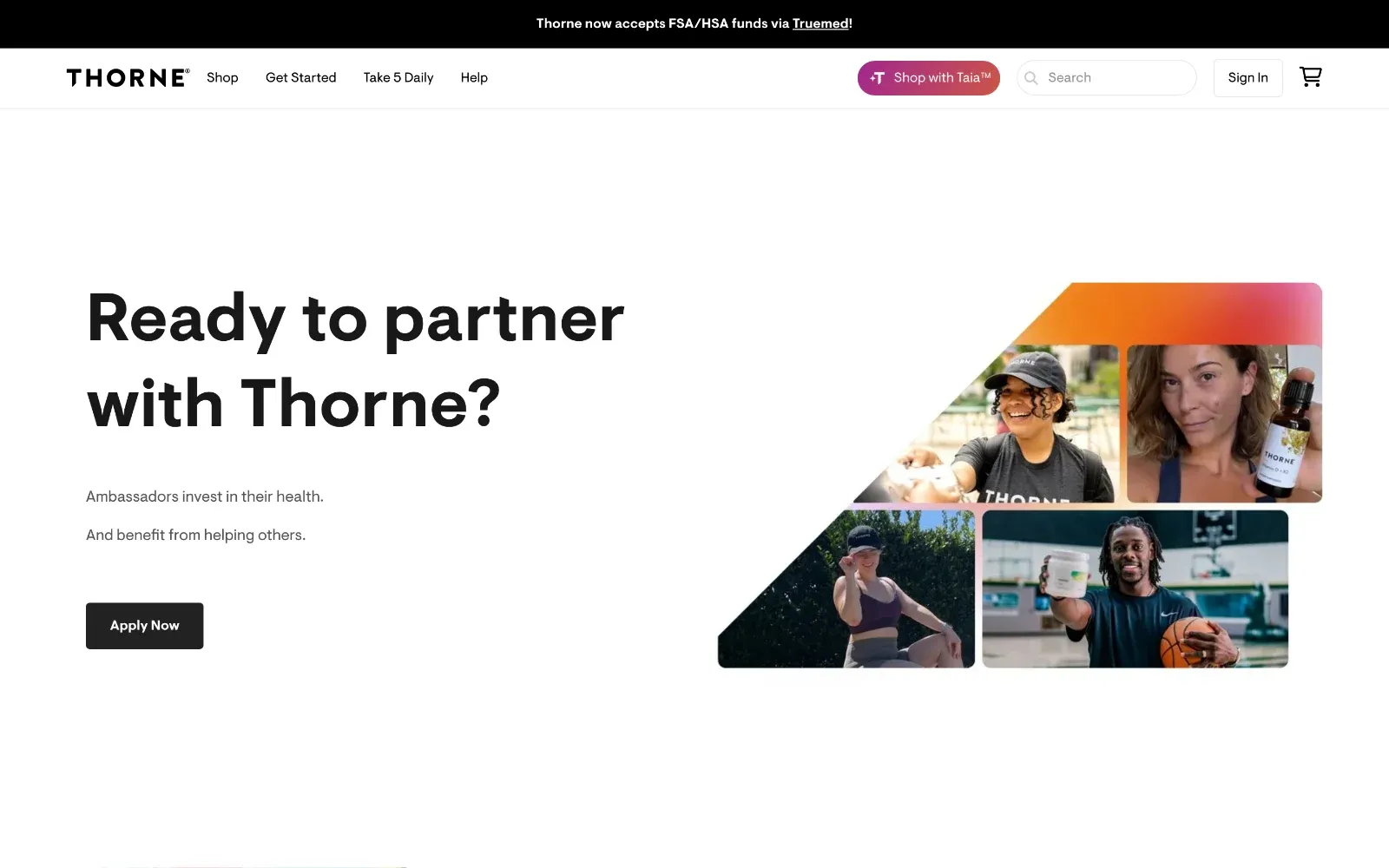 Page ambassadeur Thorne avec le titre Ready to partner with Thorne