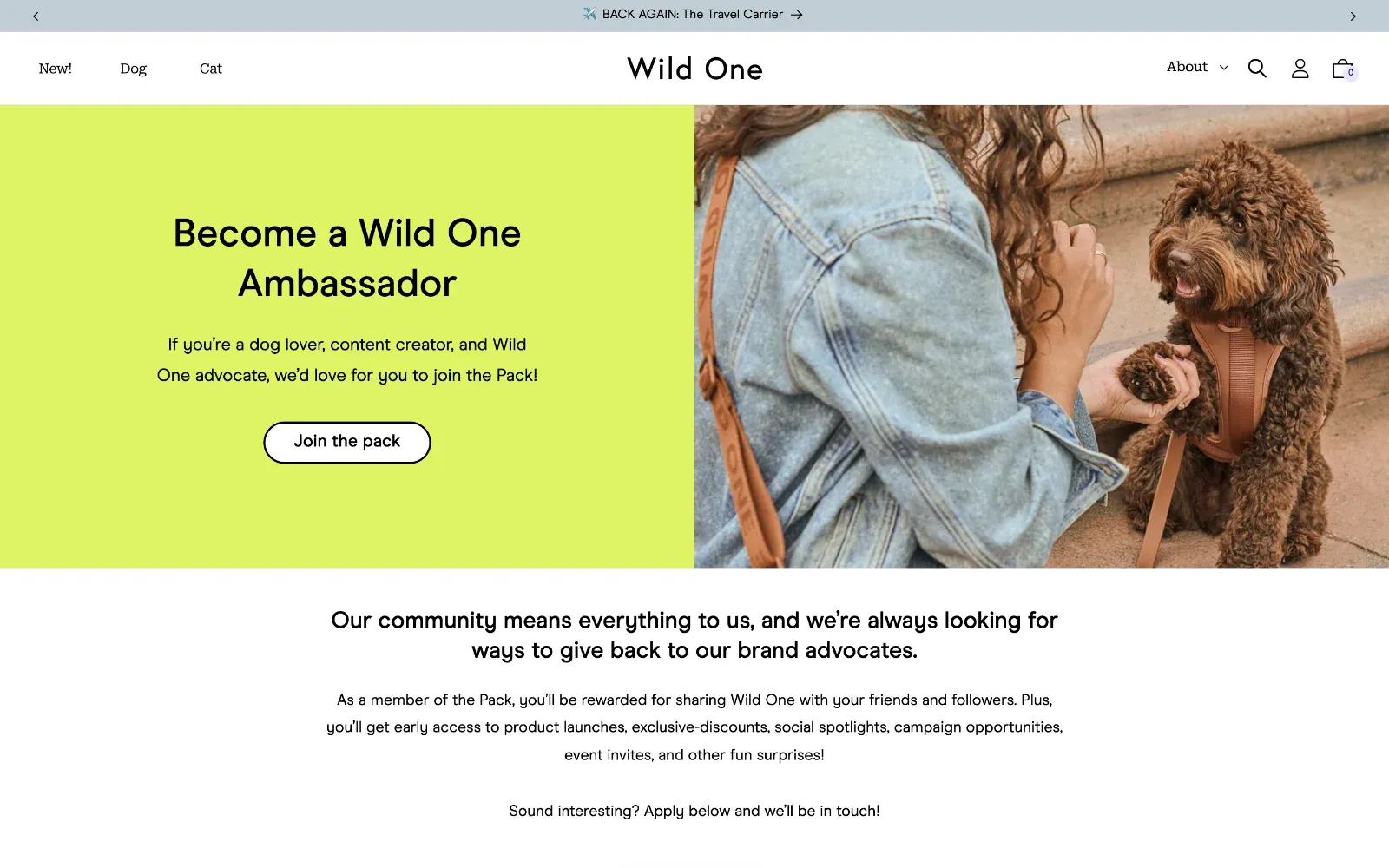 Page Become a Wild One Ambassador avec le bouton Join the Pack