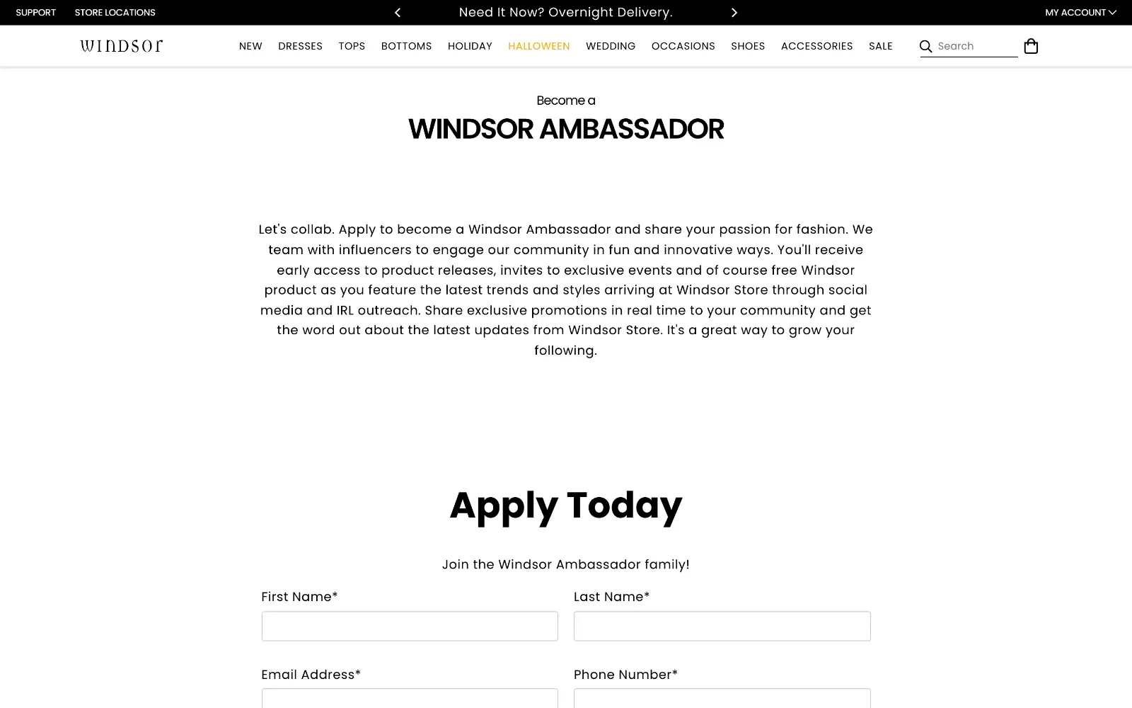 Page Windsor Ambassador avec la présentation du programme et le formulaire de candidature