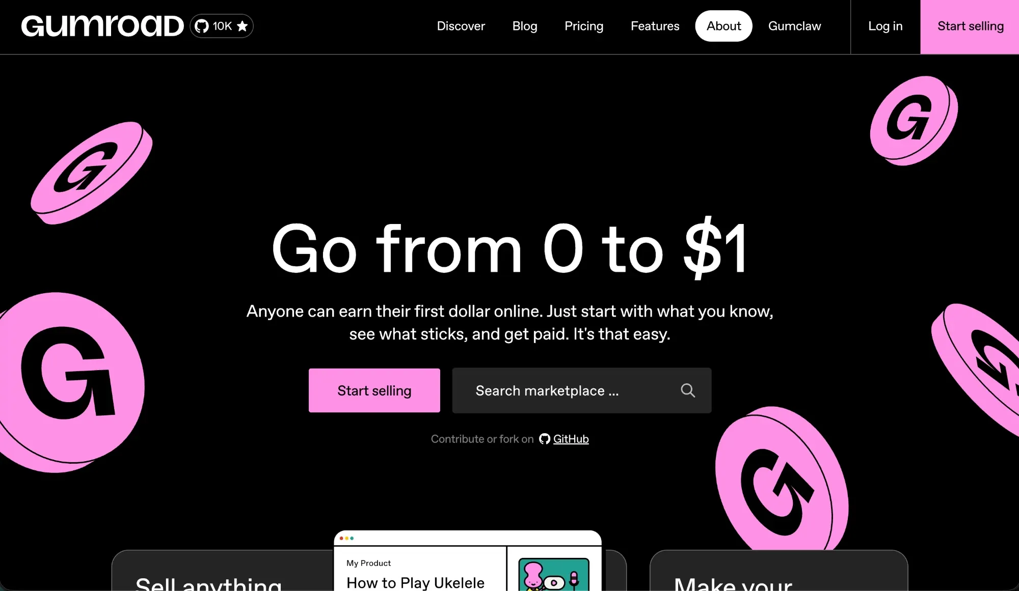 Página de inicio de Gumroad con el titular «Go from 0 to $1»