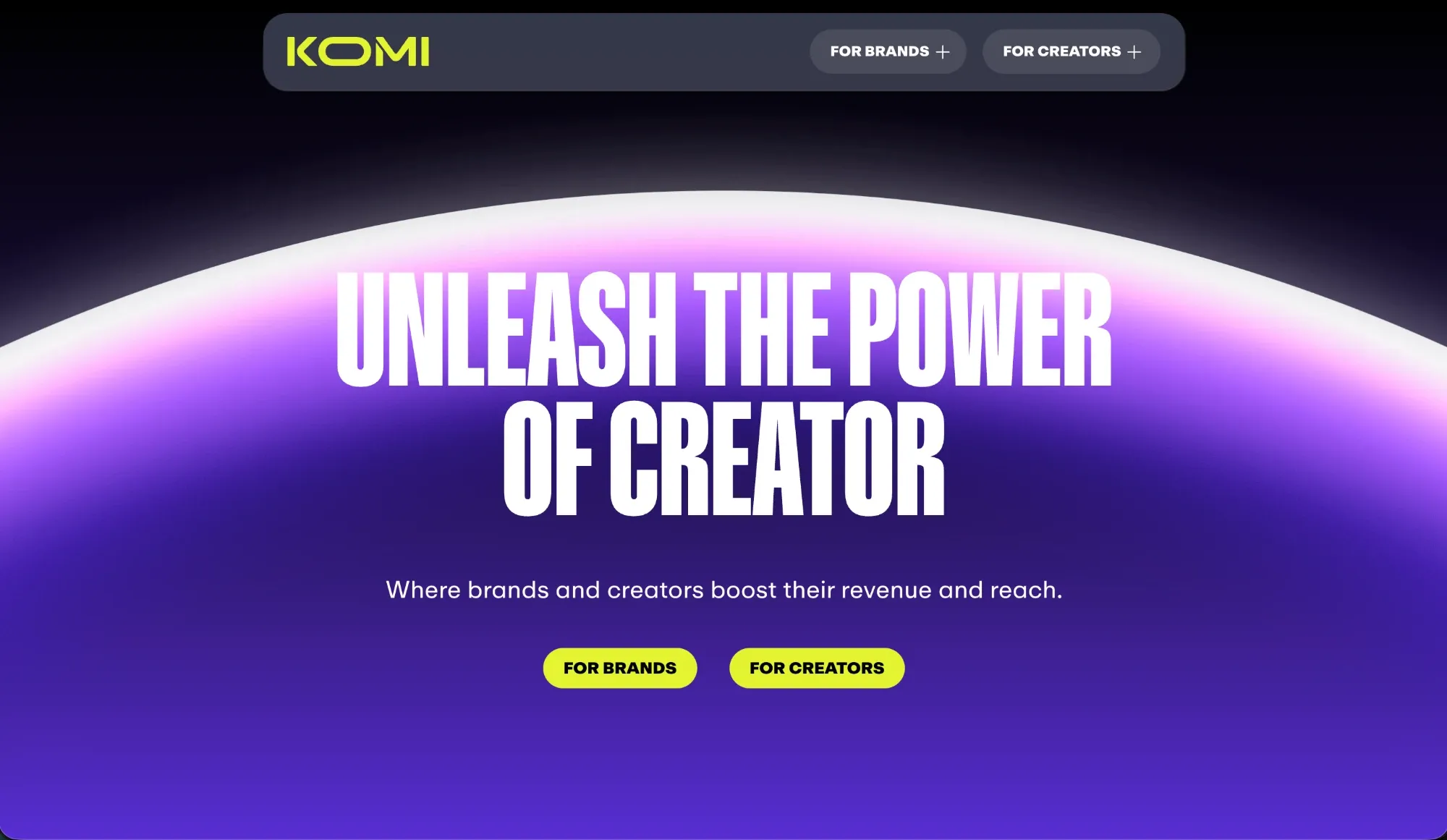 Página de inicio de Komi con el lema «Where brands and creators boost their revenue and reach»
