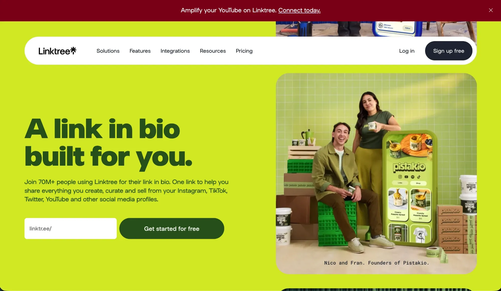Página de inicio de Linktree con el titular «A link in bio built for you»