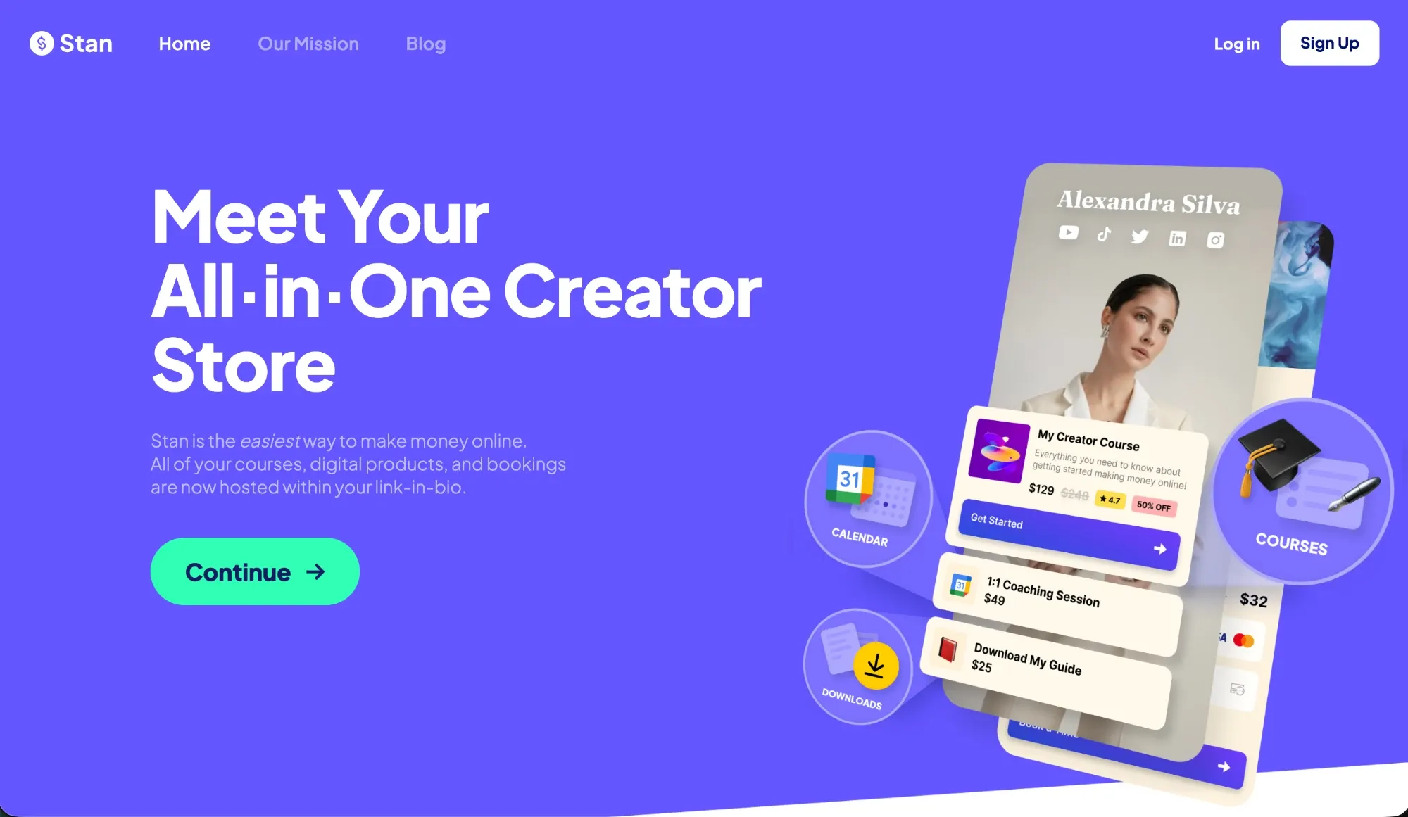 Página de inicio de Stan Store con el titular «Meet your all-in-one creator store»