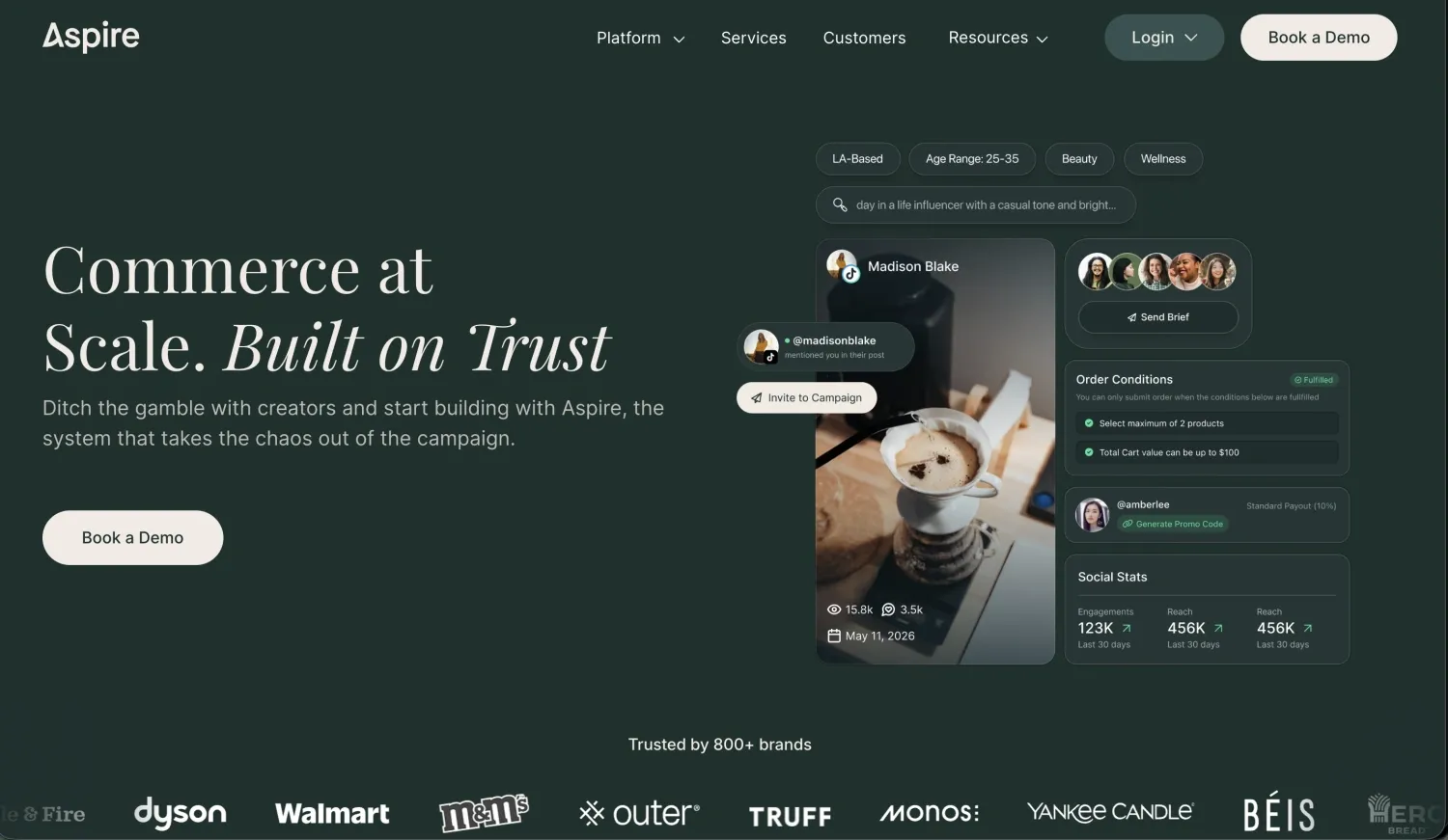 Página de la plataforma de marketing de creadores Aspire