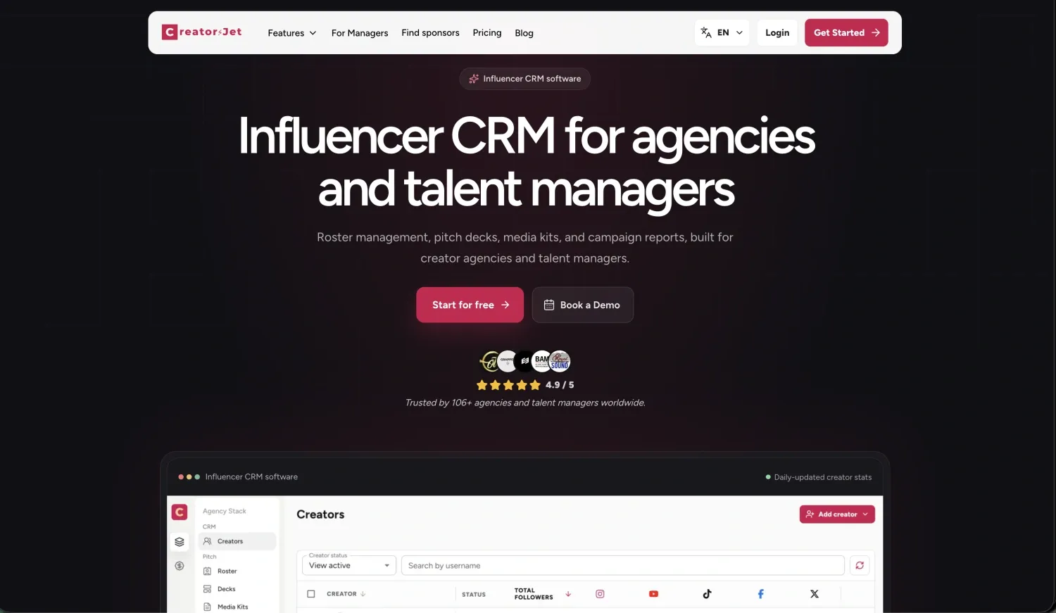 CRM de influencers CreatorsJet para agencias y representantes de talento
