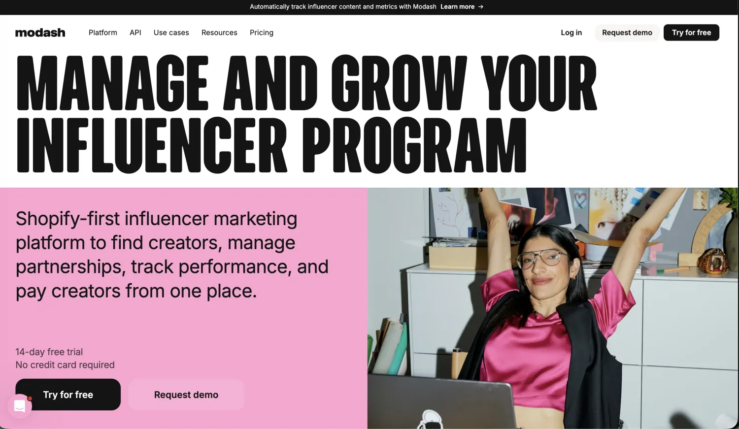 Página de la plataforma de marketing de influencers Modash