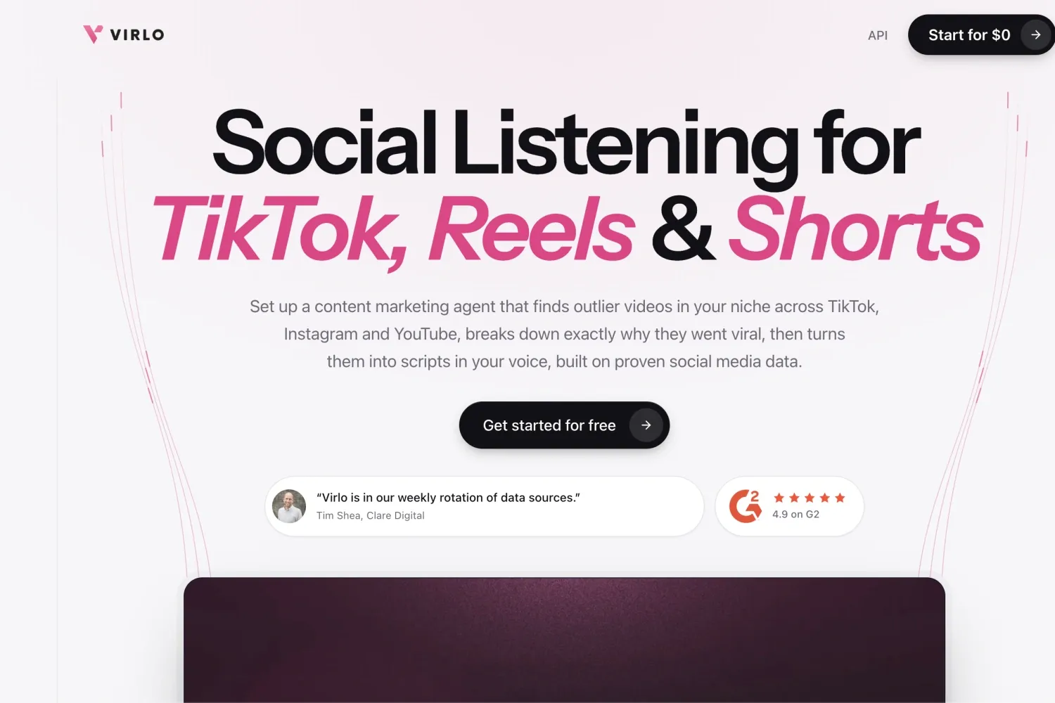 Página inicial do Virlo para pesquisar tendências de vídeos curtos no TikTok, Reels e Shorts