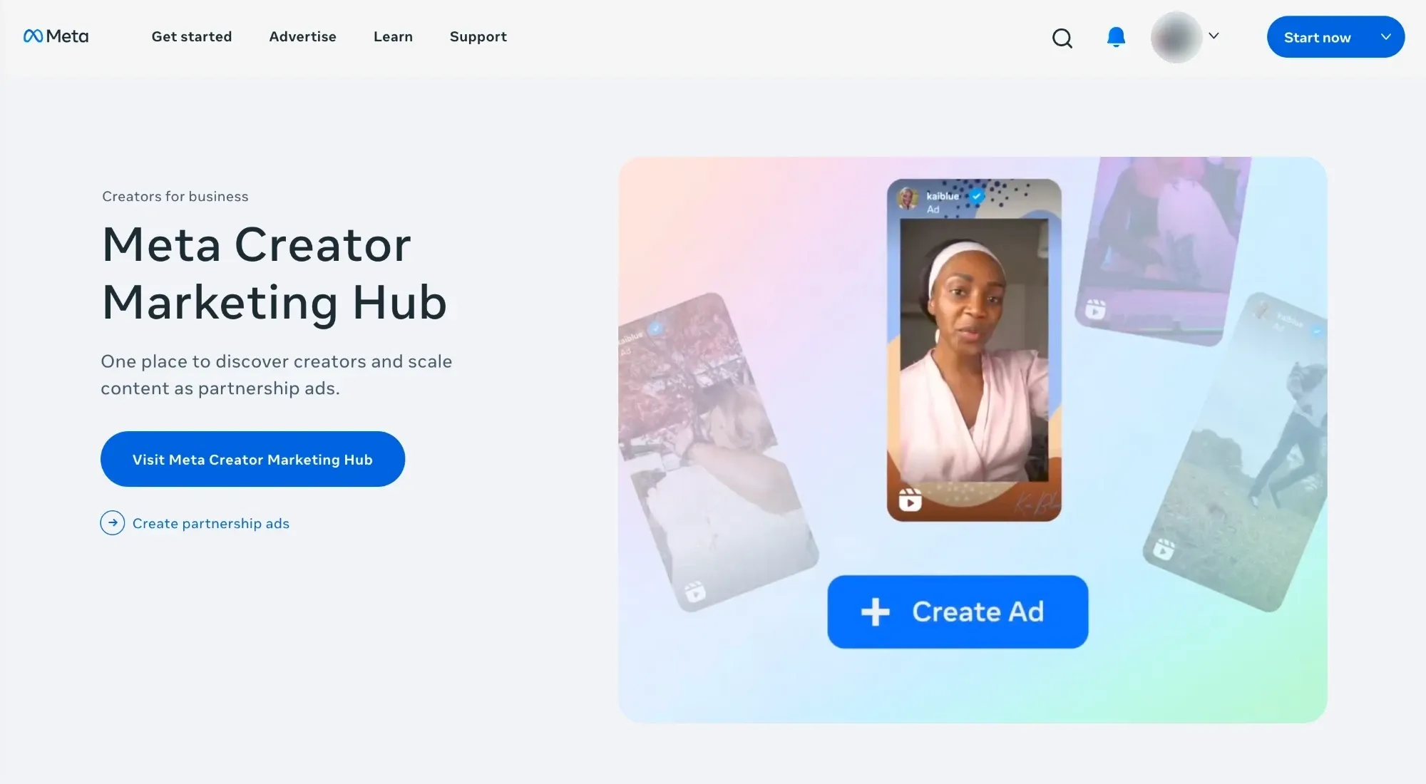 Page du Meta Creator Marketing Hub présentant un espace unique pour découvrir des créateurs et diffuser leurs contenus à grande échelle sous forme de publicités partenariat