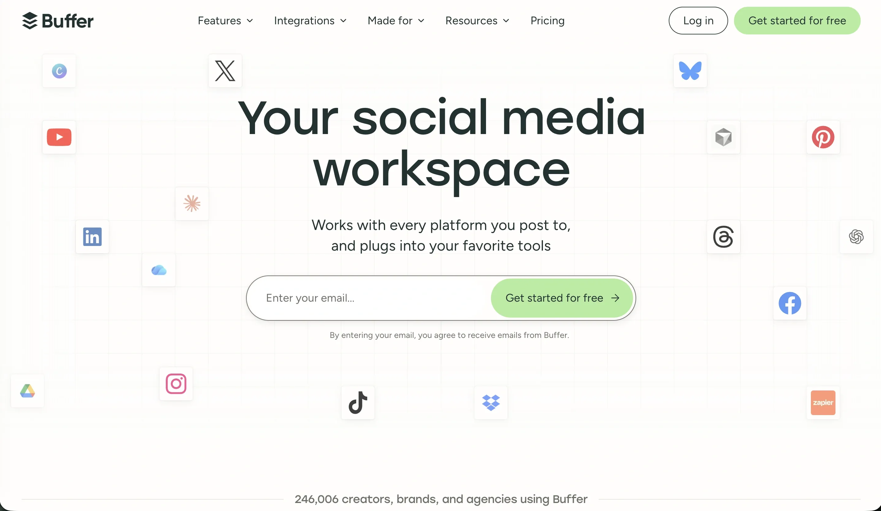 Buffer homepage showing its social media workspace