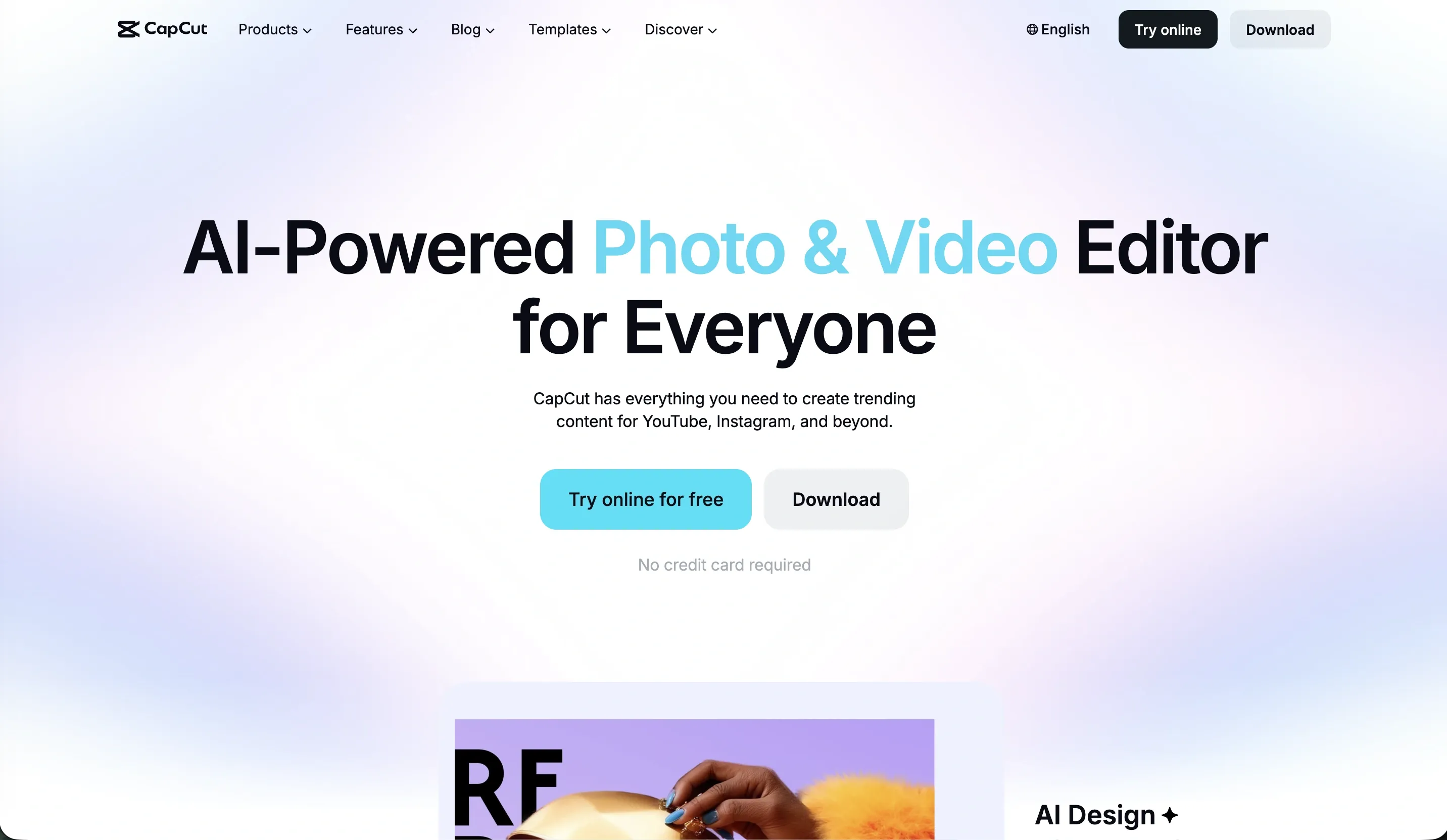 CapCut homepage showing its AI-powered photo and video editor