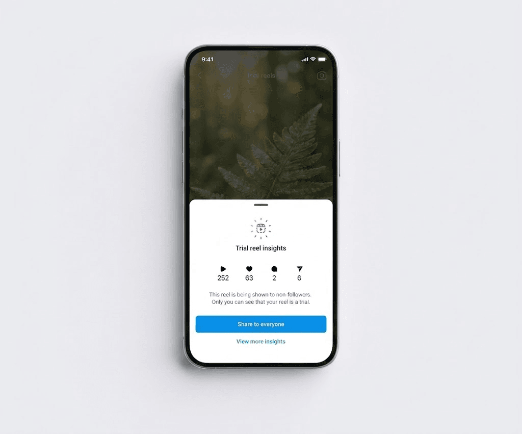 Écran d’insights d’un Instagram Trial Reel avec les vues, mentions J’aime, commentaires, partages et l’option de partage