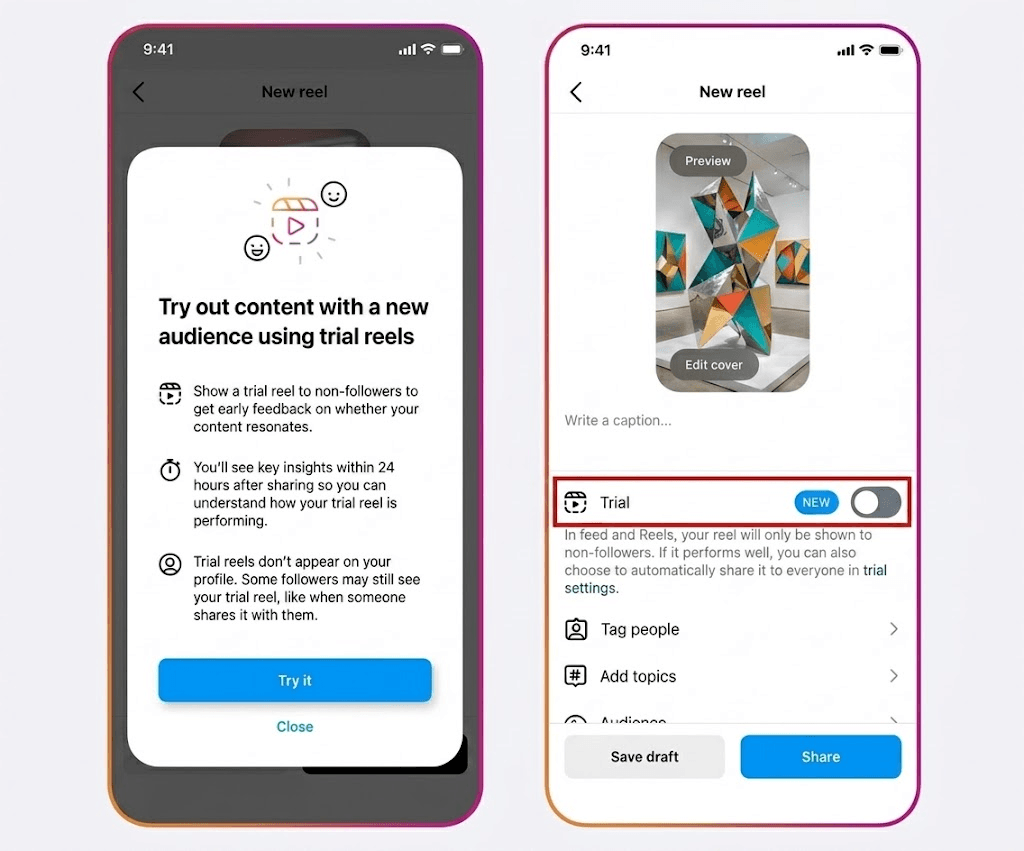 Capture d’écran de configuration d’un Instagram Trial Reel avec l’option Trial et l’audience de non-abonnés