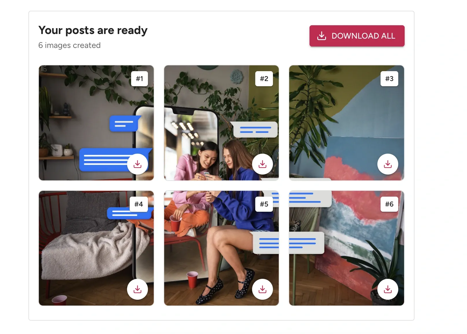 Creador de cuadrículas de Instagram de CreatorsJet con seis mosaicos generados listos para descargar