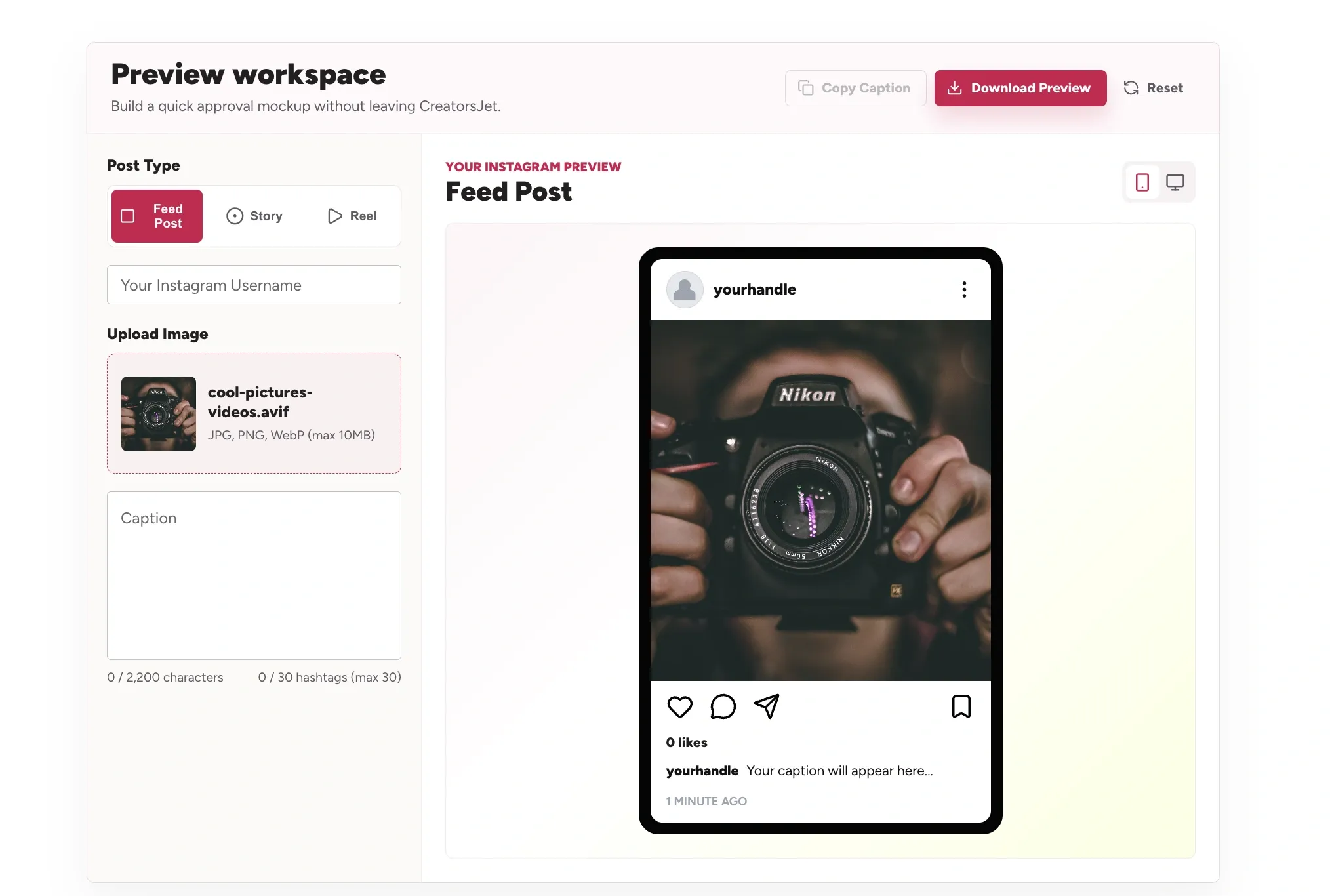 Espacio de vista previa de publicaciones de Instagram de CreatorsJet con imagen, tipo de publicación, texto y resultado
