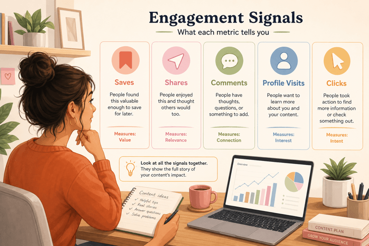 Engagement breakdown showing saves, shares, comments, and profile visits as different signals of content quality
