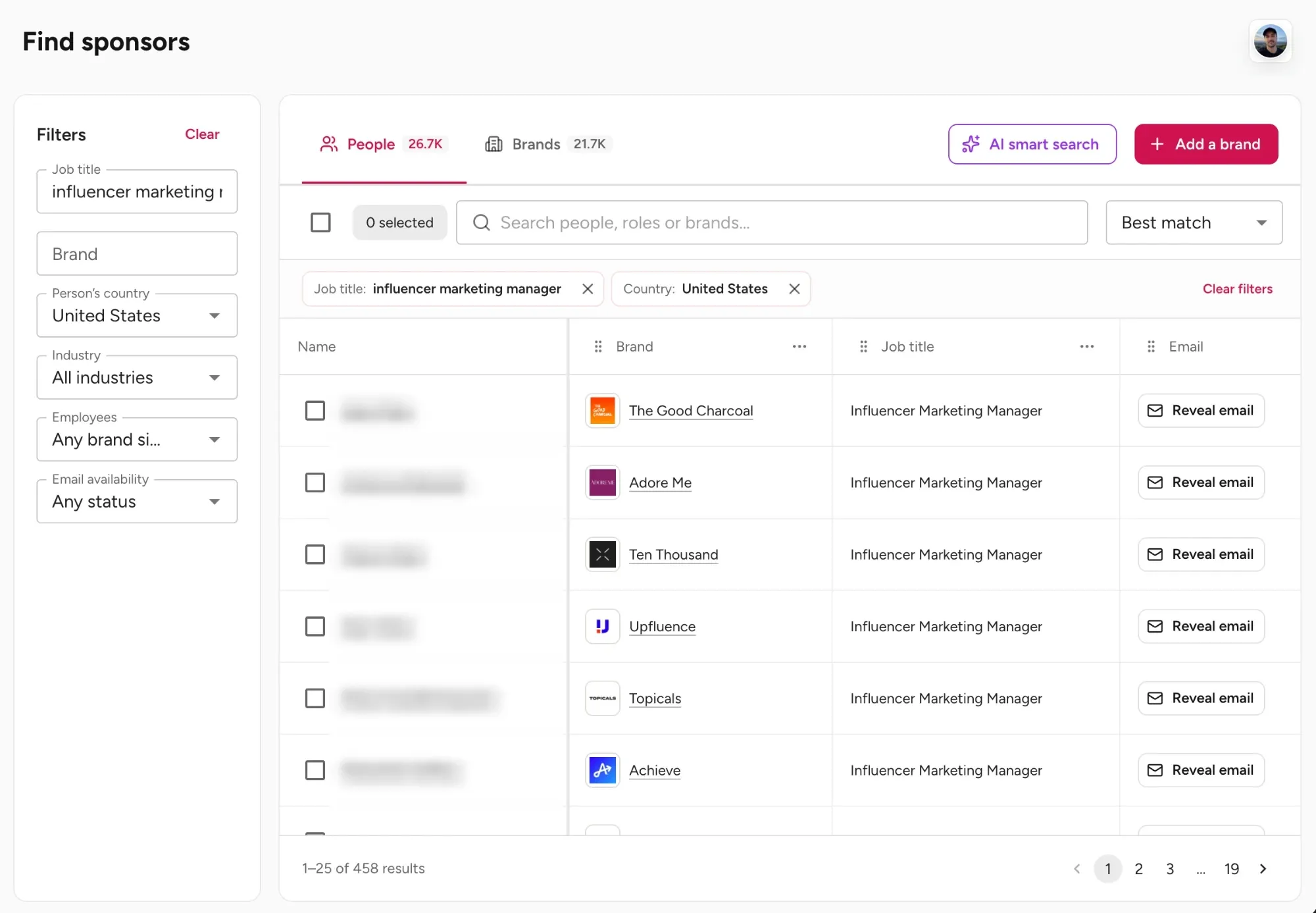 CreatorsJet Find Sponsors search filtered by influencer marketing manager job title and United States