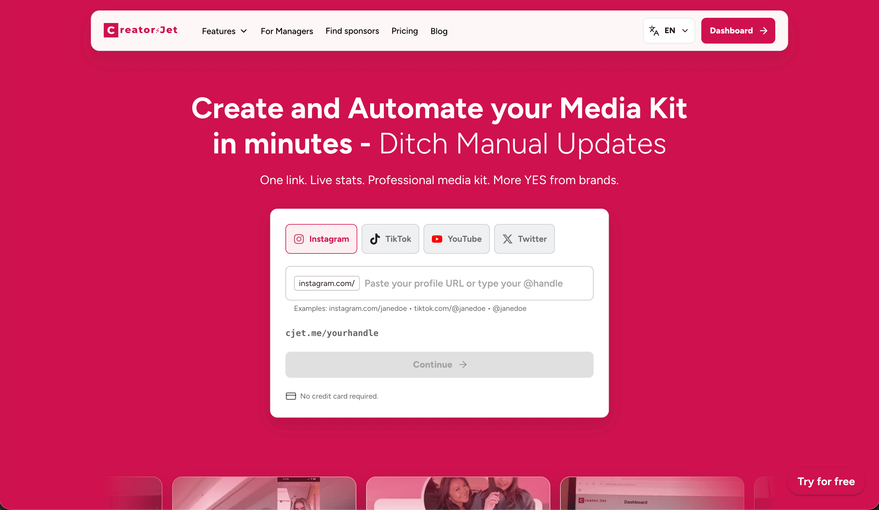 Page d’accueil du outil de media kit CreatorsJet