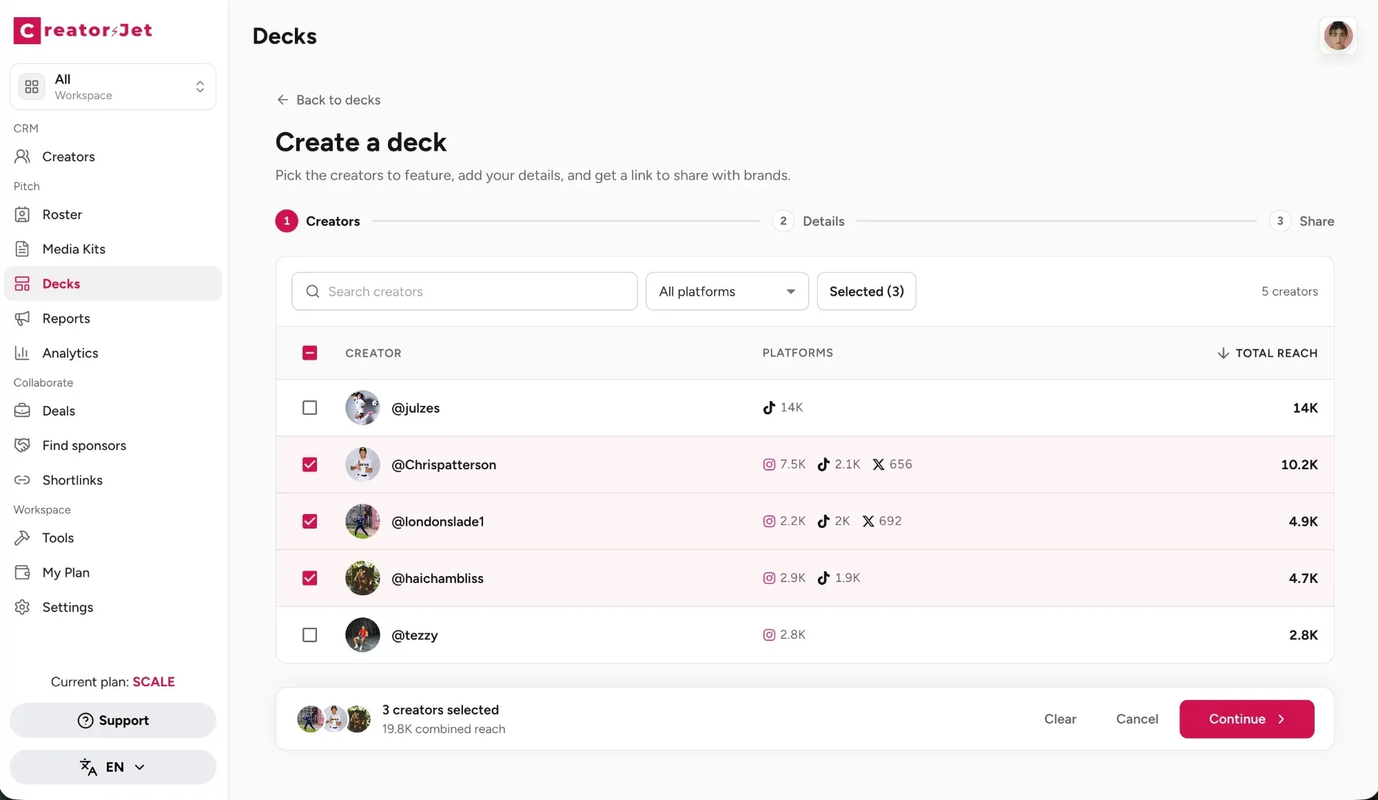 Step 1 of creating a deck in CreatorsJet: three creators selected from the roster, with platforms and total reach for each