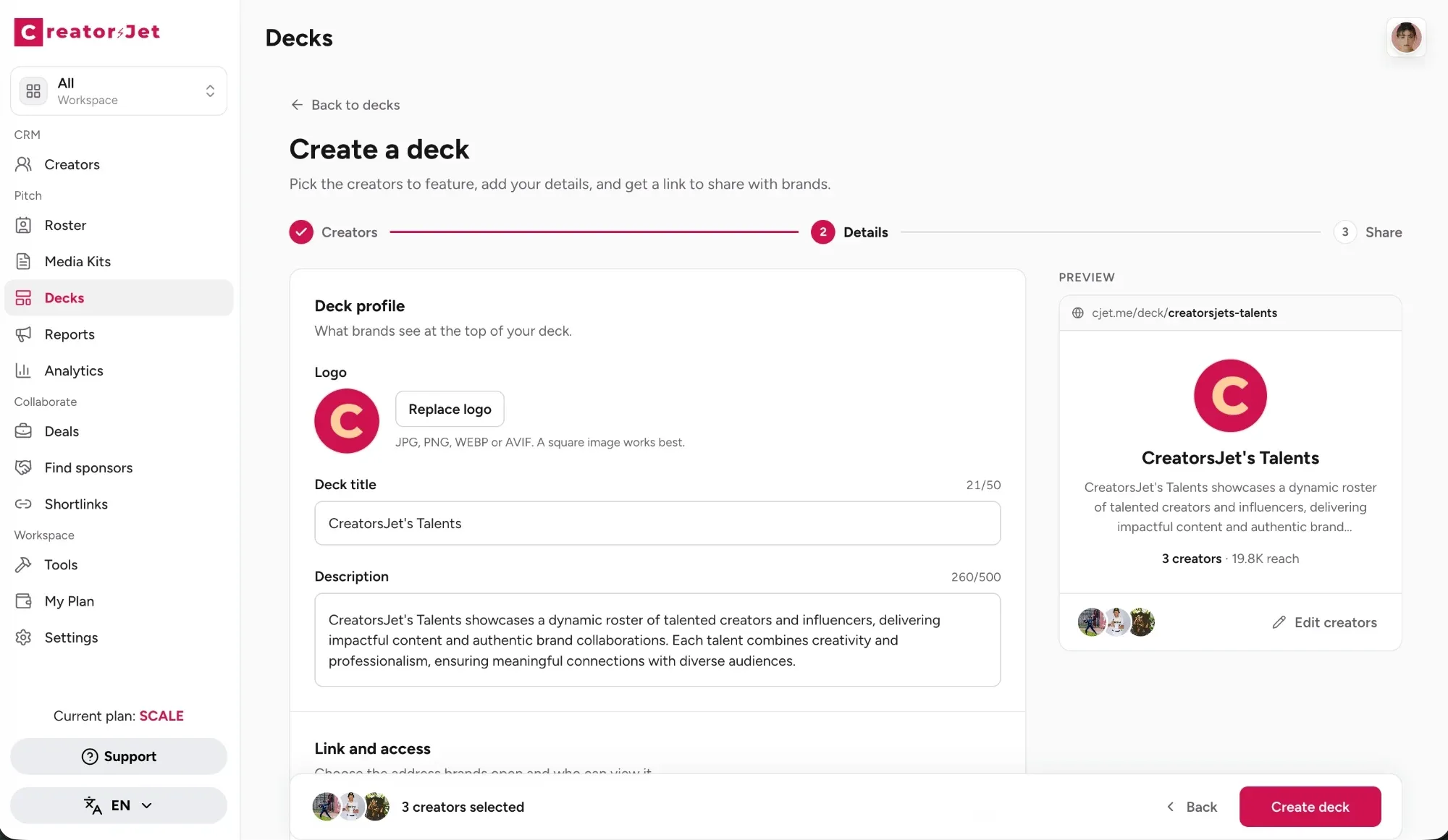 Step 2 of creating a deck in CreatorsJet: logo, deck title, description, and a live preview of the deck link