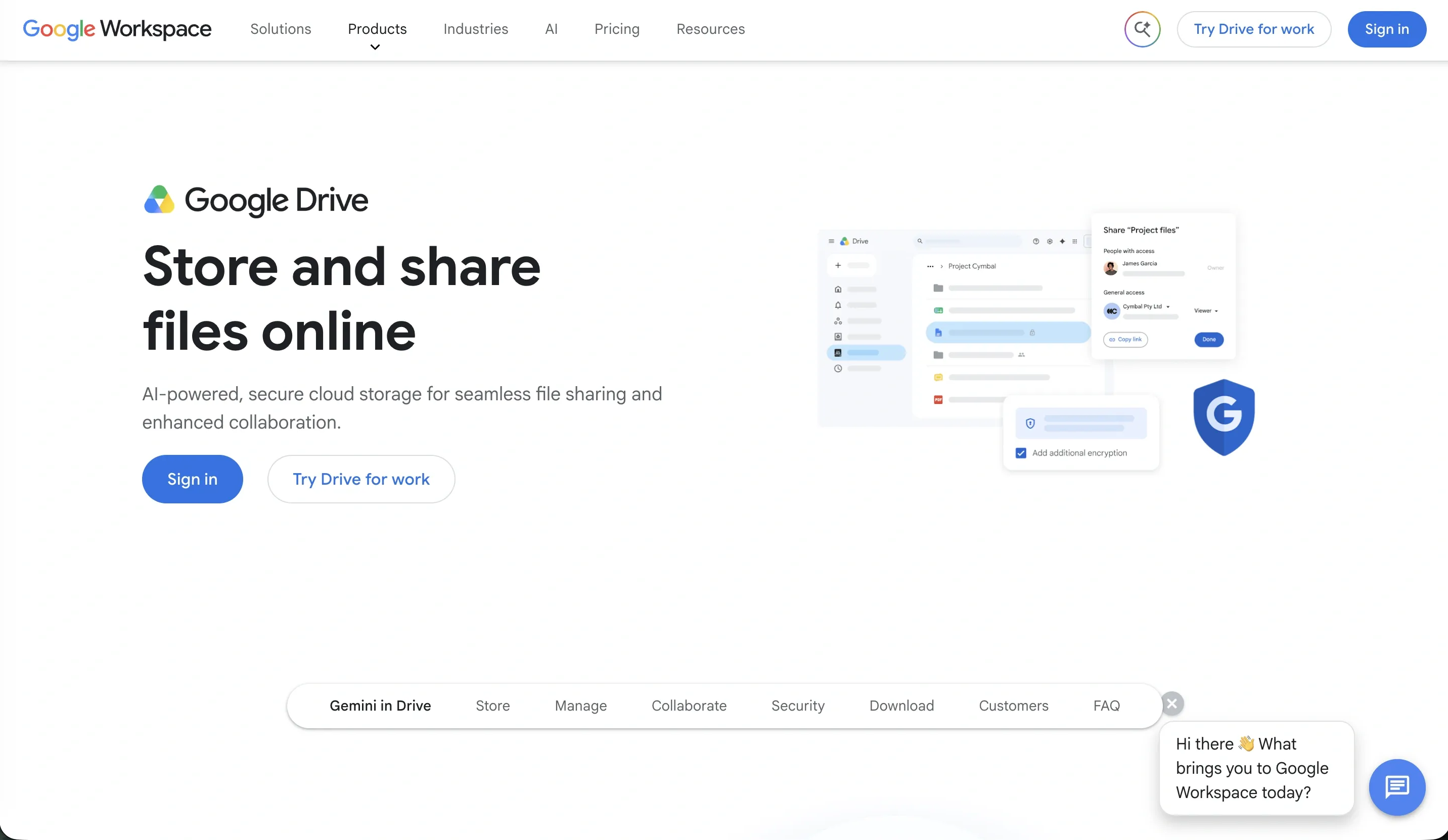 Google Drive homepage showing cloud storage and file sharing