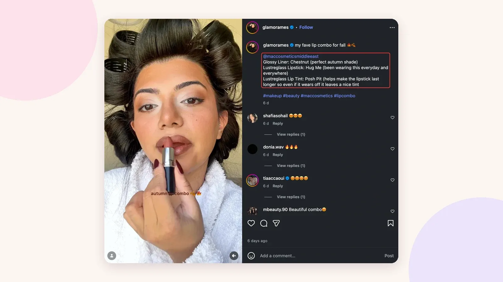 Descripción de Instagram que etiqueta a la marca y nombra cada producto y tono usado en el video