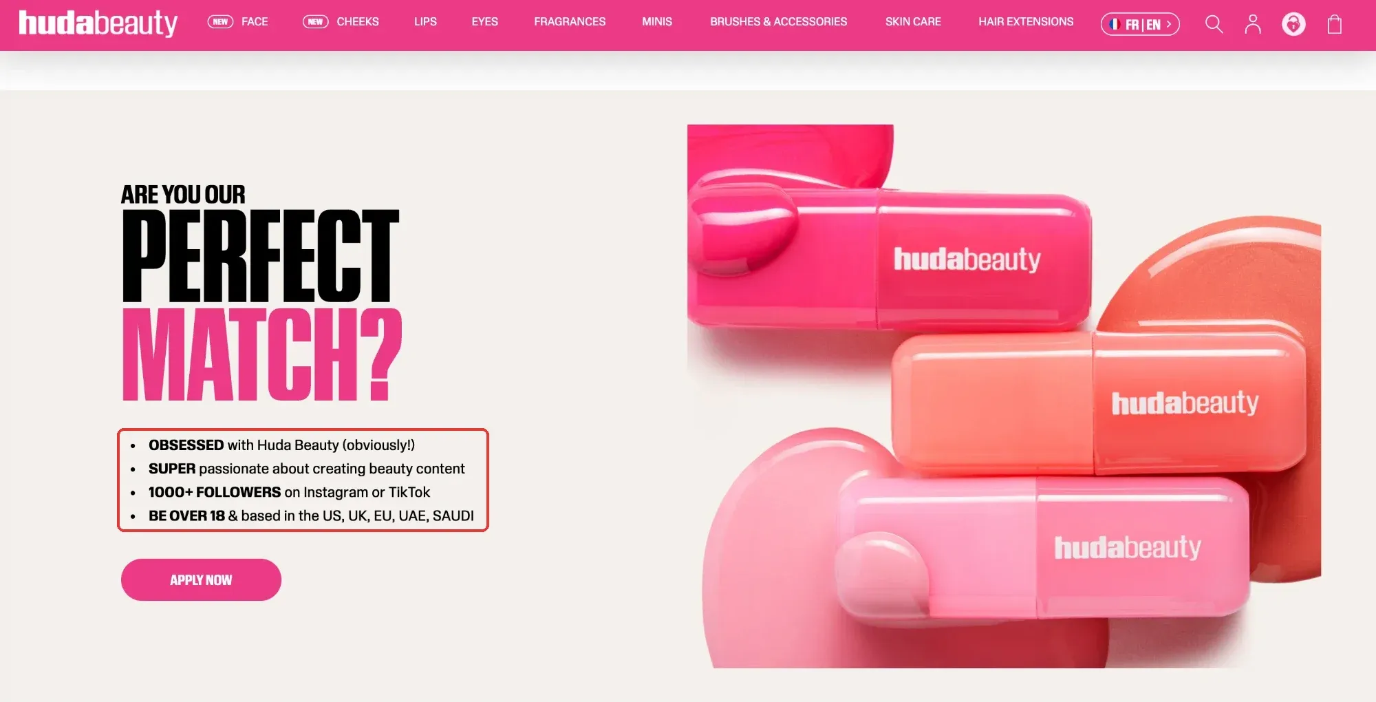 Requisitos del programa de creadores de Huda Beauty: más de 1.000 seguidores en Instagram o TikTok, mayor de 18 años y residir en Estados Unidos, Reino Unido, la UE, Emiratos o Arabia Saudí