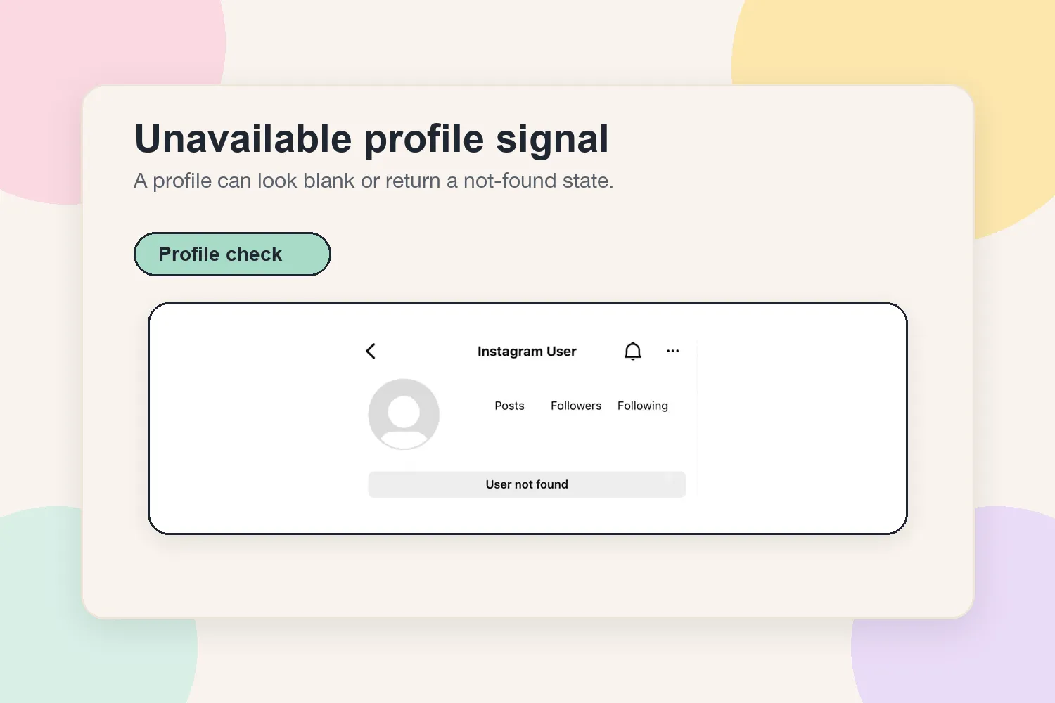 Instagram unavailable profile signal showing a user not found state