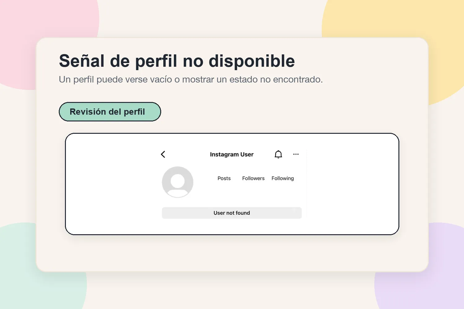 Señal de perfil de Instagram no disponible con estado de usuario no encontrado